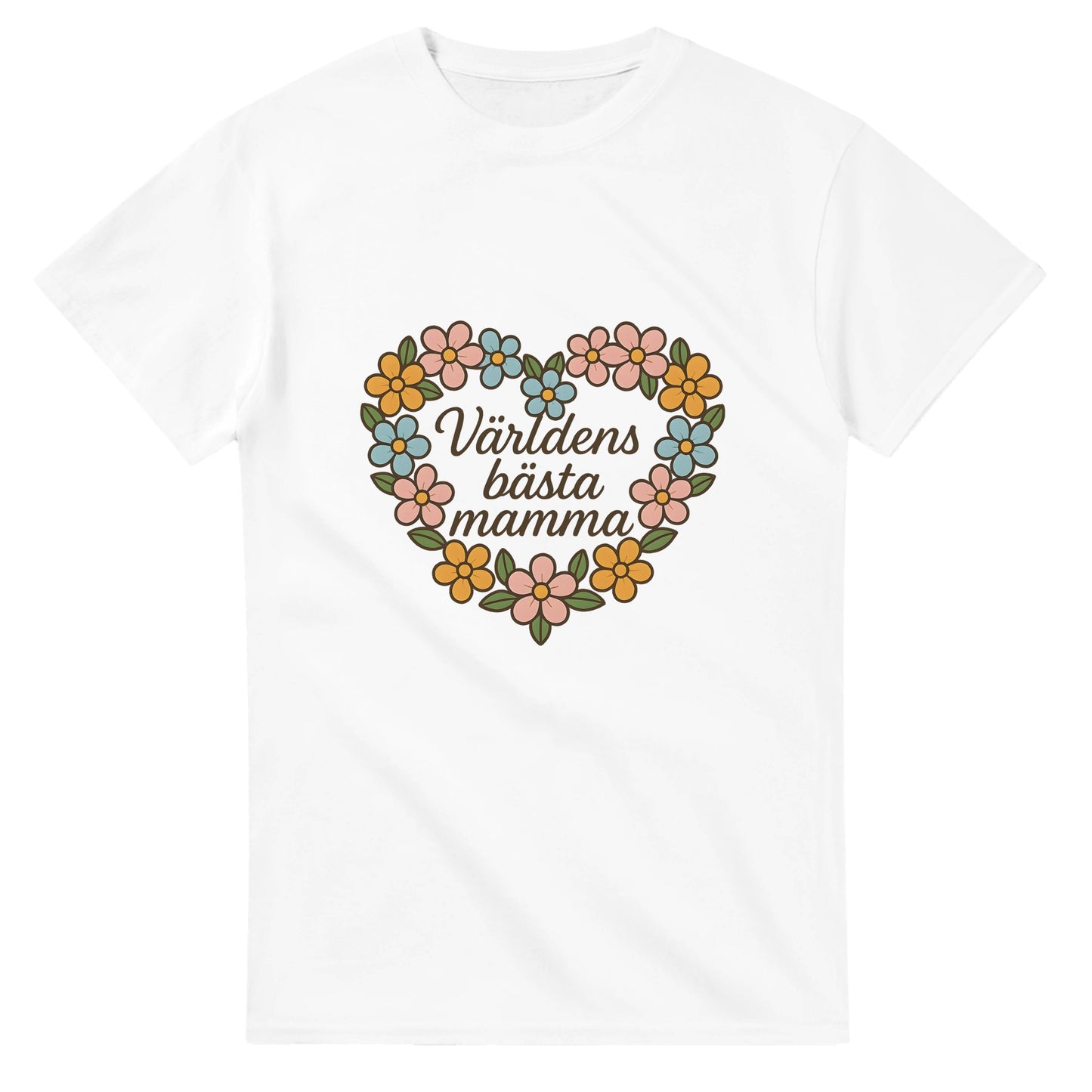 Blomsterhjärta för hyllning av världens bästa mamma. Pastellfärgade blommor formar ett hjärta med texten 'Världens bästa mamma'.