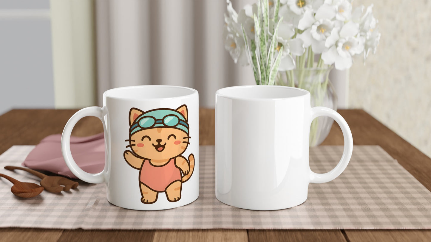 Mugg med tecknad katt i baddräkt och simglasögon, perfekt för simmare. Söt kattmugg för simälskare!