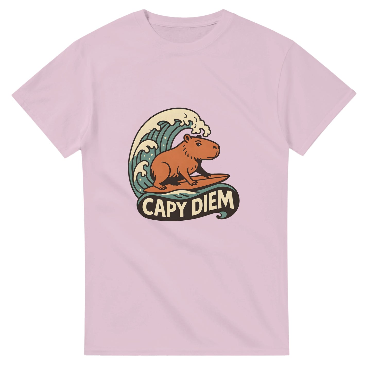 Capy Diem - Surfande capybara som symboliserar positivitet och livsglädje på stranden. Perfekt för strandälskare!