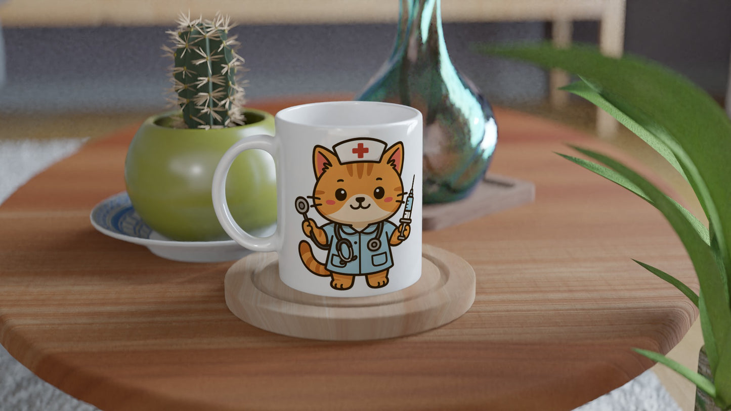 Katt Sjuksköterska Mugg - Charmig mugg med katt i sjuksköterskeuniform, välutrustad för kattälskande sjuksköterskor!