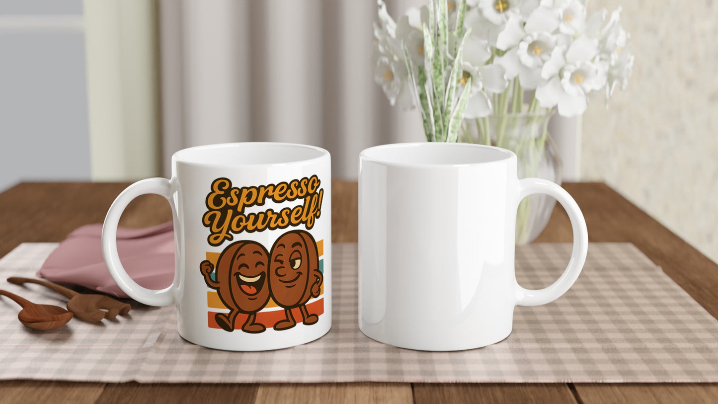 Mugg med kaffebönor och texten 'Espresso Yourself!'. För dig som vill sticka ut.