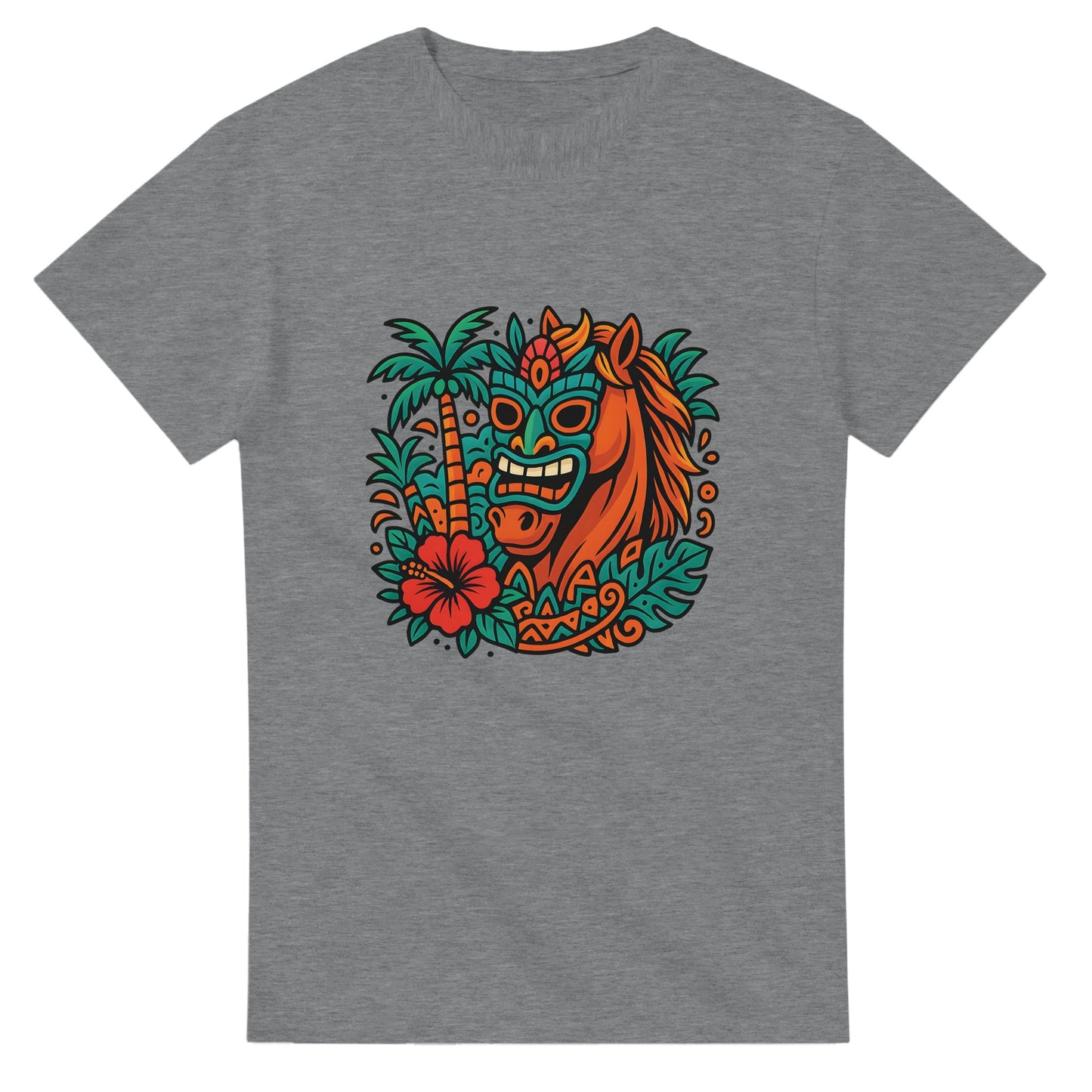 Tropisk häst med tiki-mask och färgglada mönster, en färgsprakande upplevelse!