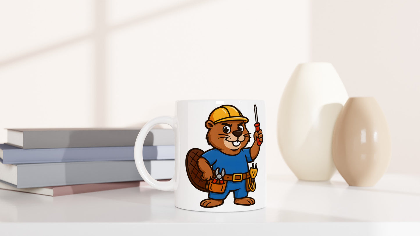 Mugg med elektrikerbäver i verktygsbälte & skruvmejsel. Perfekt för djur- & elentusiaster!