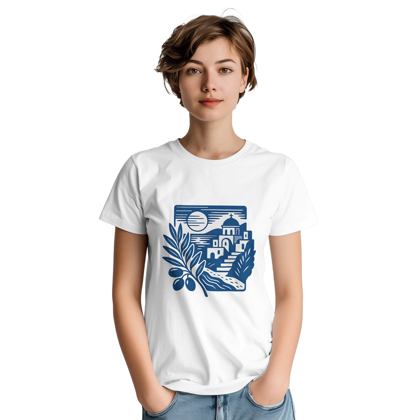 T-shirt med nostalgiskt motiv av grekiskt landskap med olivgrenar och kustvyer. Perfekt för att njuta av skönheten i Grekland.