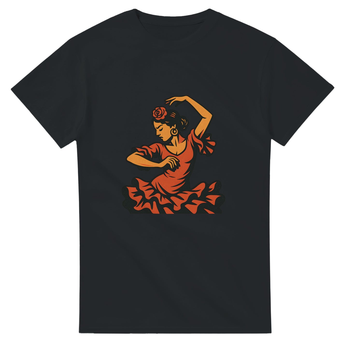 Vintage T-shirt med flamencodansare i varma färger som speglar Spaniens passion och energi.