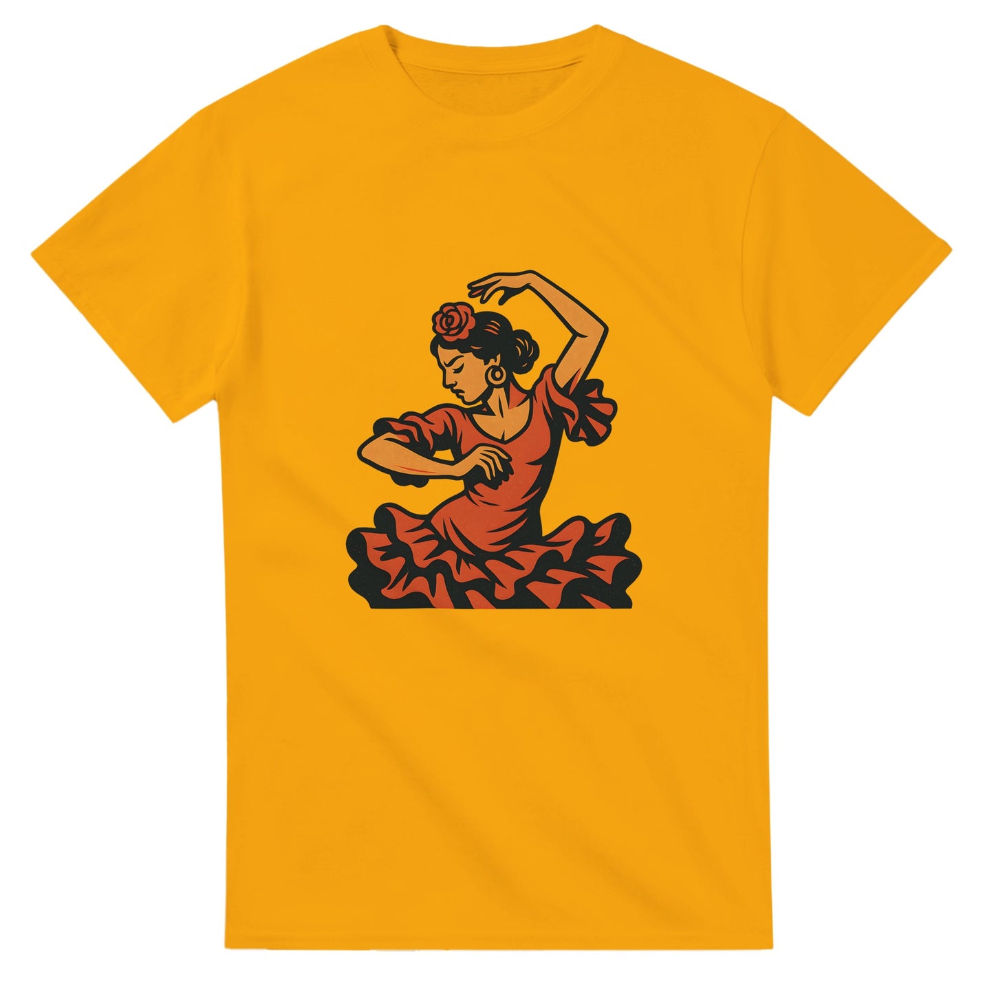 Vintage T-shirt med flamencodansare i varma färger som speglar Spaniens passion och energi.