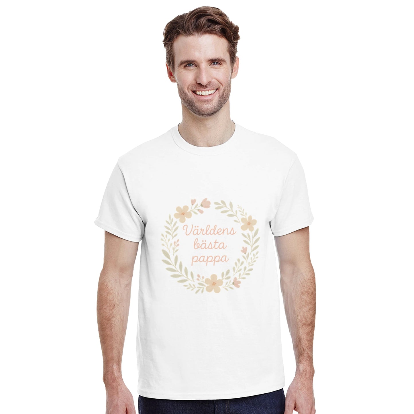T-shirt med blommigt mönster och texten 'Världens bästa pappa' i luftig design. Skapa glädje med Pappas Blomsterskatt.