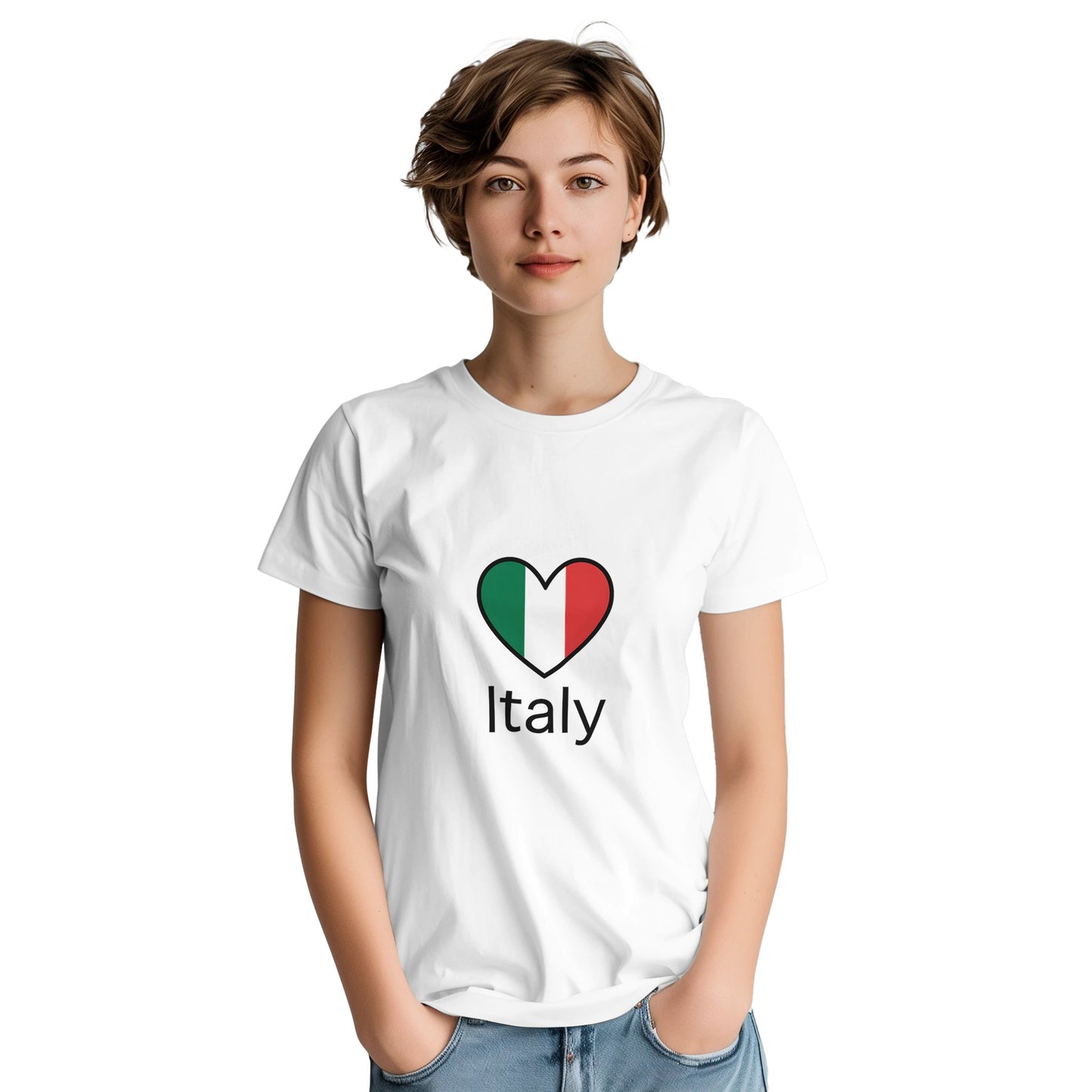 T-shirt med minimalistiskt italienskt hjärta i flaggans färger och ordet 'Italy' i modern stil. Enkel och älskvärd design.