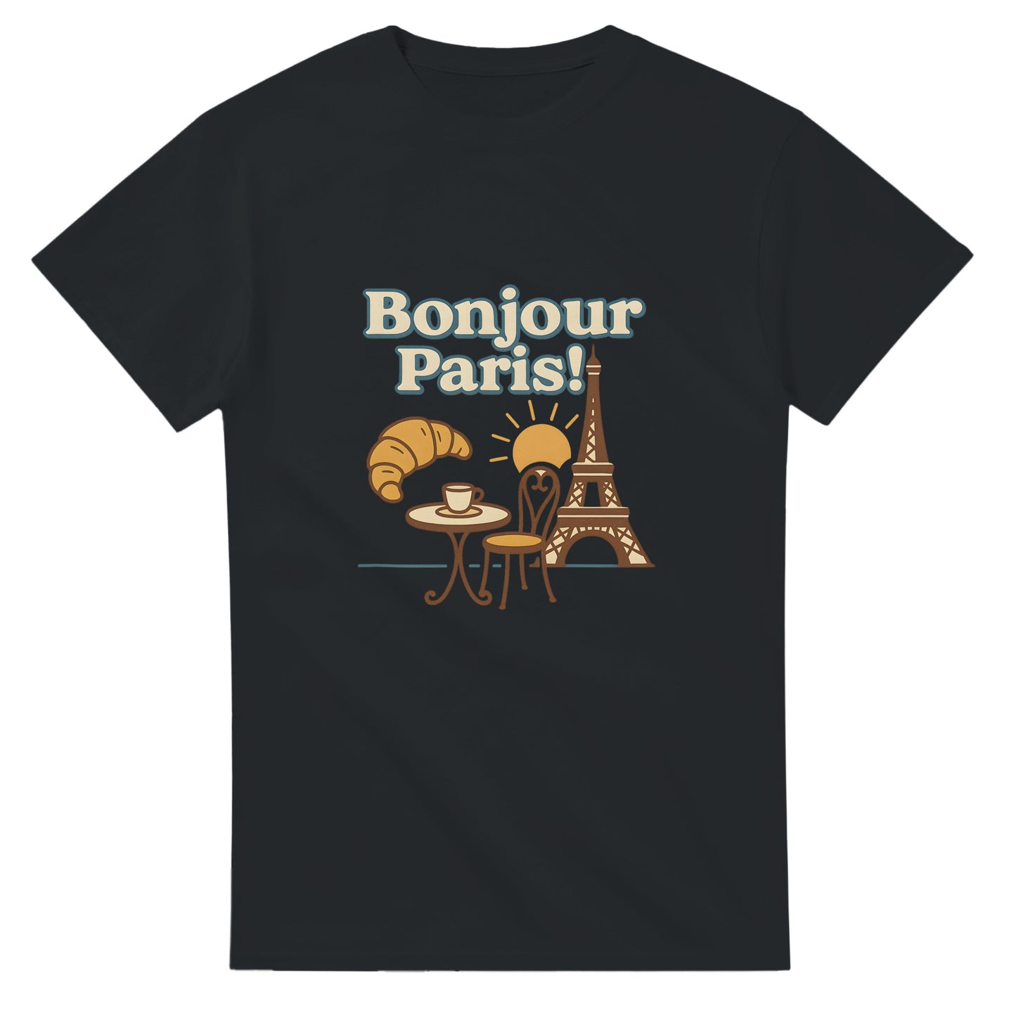 Klassisk T-shirt med äkta parisisk charm. Hälsa dagen med Frankrikes caféer i denna Bonjour Paris!-tröja.