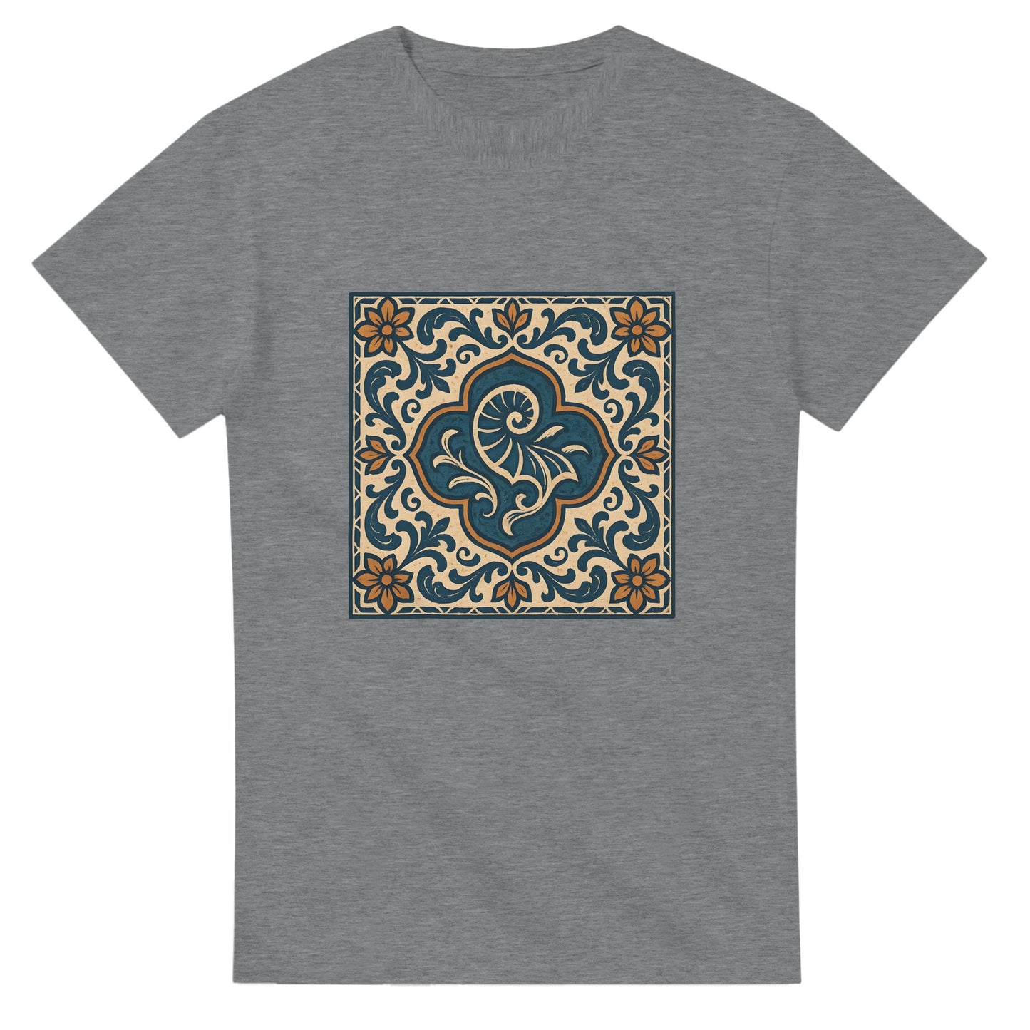 Portugisiskt inspirerad t-shirt i rustika färger, perfekt för vintage- och havsälskare.