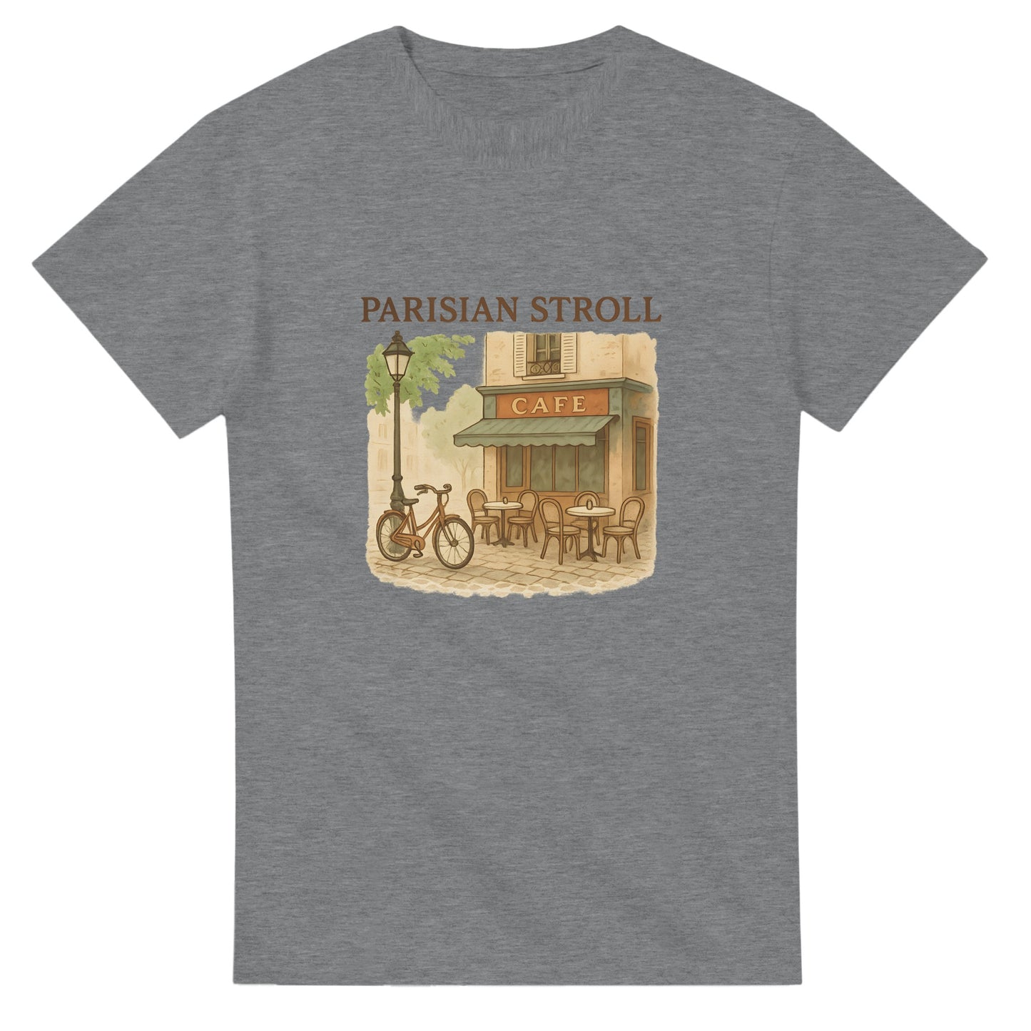 Fransk gata i retrostil på T-shirt för en nostalgisk promenad i Paris.