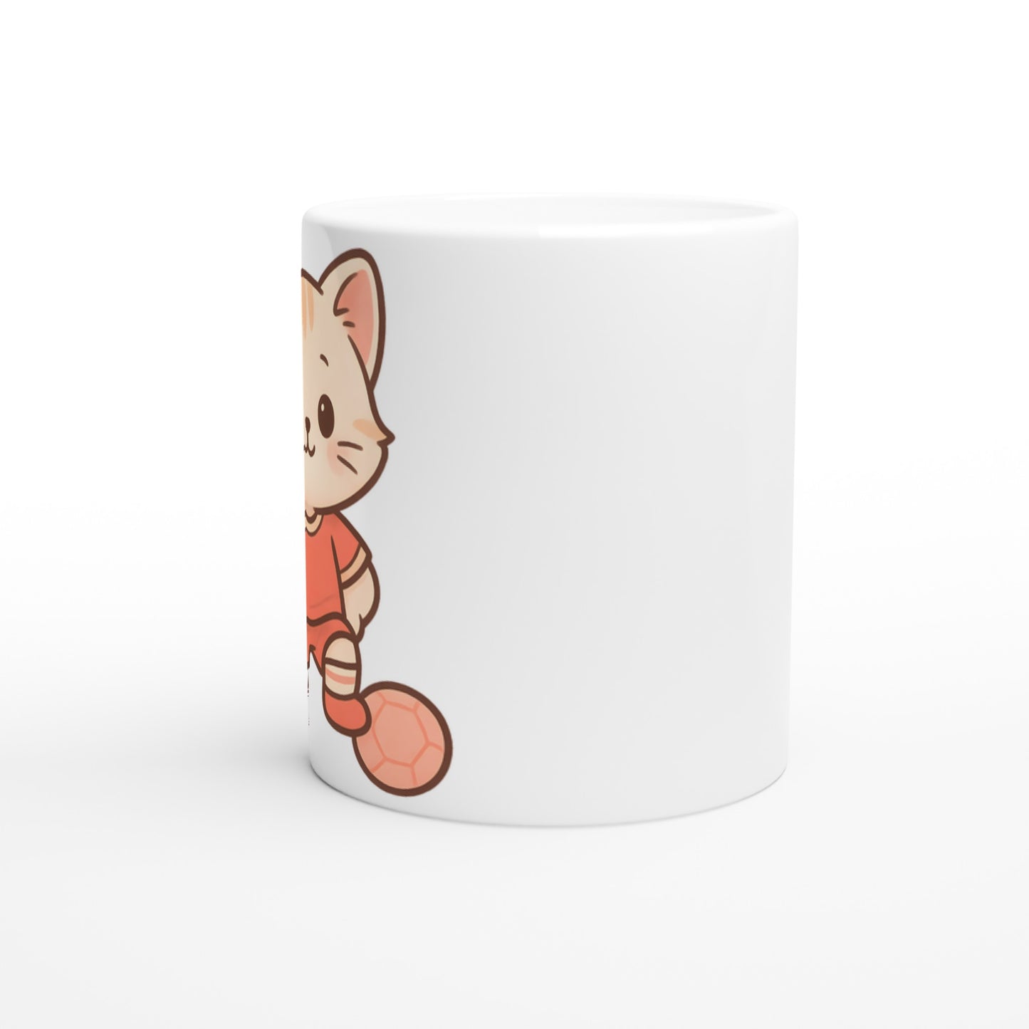 Mugg med rödklädd katt, perfekt för fotbollsfans och kattälskare. Charmigt och unikt motiv.