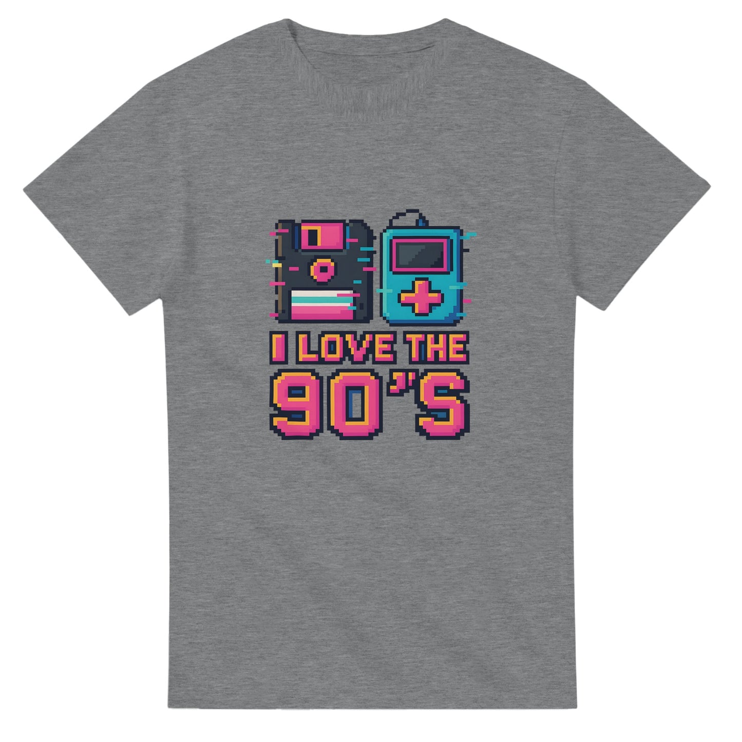 Retro T-shirt med disketter och musikspelare i pixelart och glitch-effekter. Perfekt för 90-tals nostalgi.