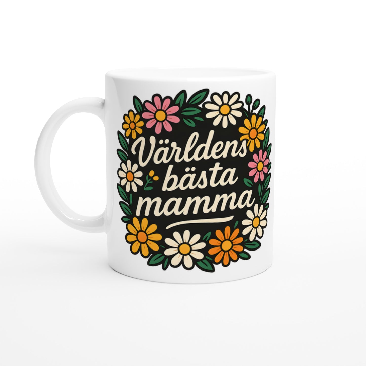 Mugg med text Världens bästa mamma i blomkrans. Perfekt för att fira mamma varje dag.
