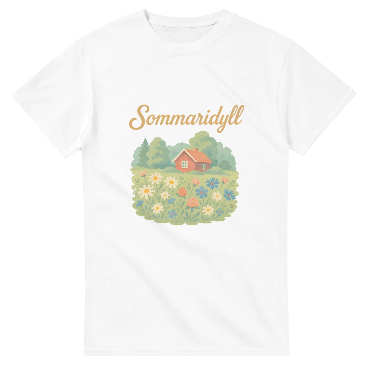 T-shirt med svensk vintageillustration av sommaräng, med texten Sommaridyll. Perfekt för nostalgiska sommarens.