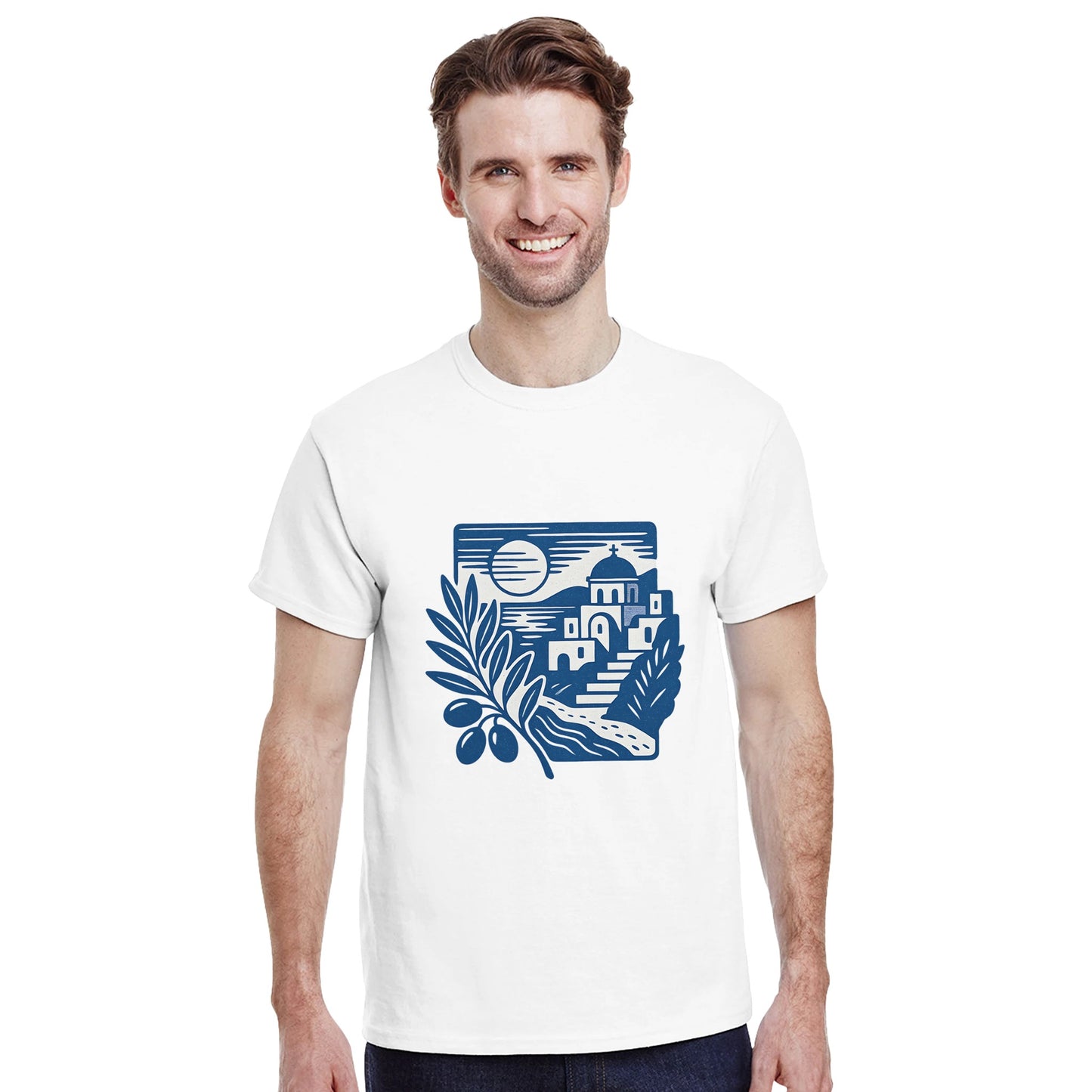 T-shirt med nostalgiskt motiv av grekiskt landskap med olivgrenar och kustvyer. Perfekt för att njuta av skönheten i Grekland.