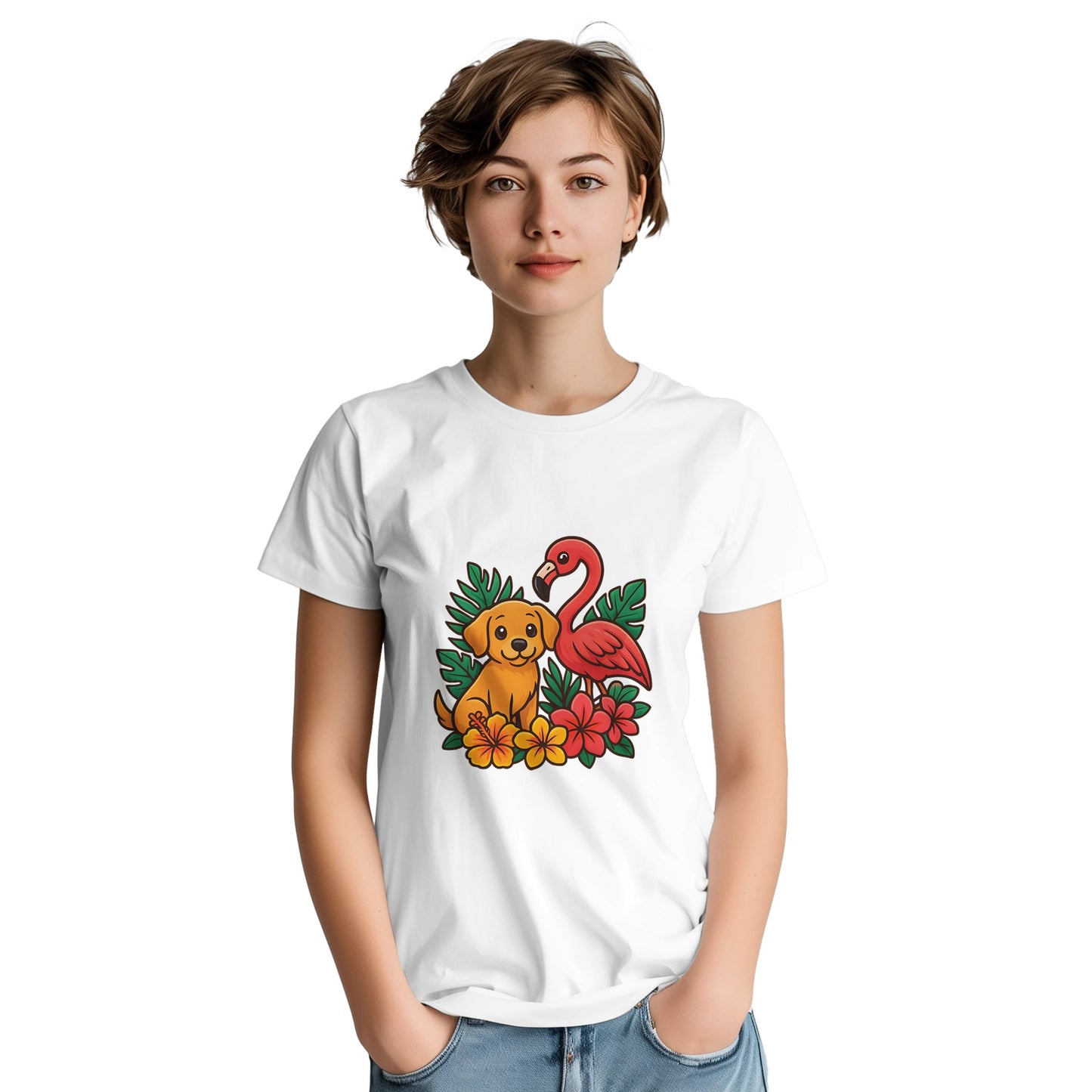T-shirt med hund och flamingo i tropisk miljö, charmig och trendig design med färgglada blommor.
