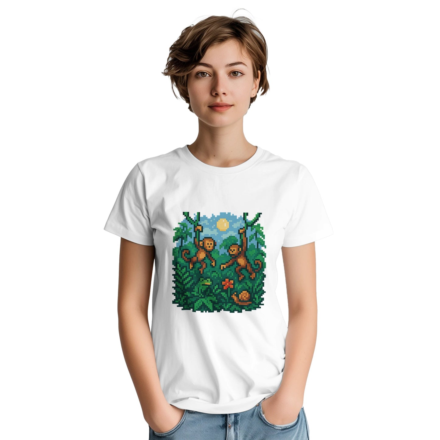 8-bitars djungelresa t-shirt med pixelapor och lianer för äventyrliga äventyrare.