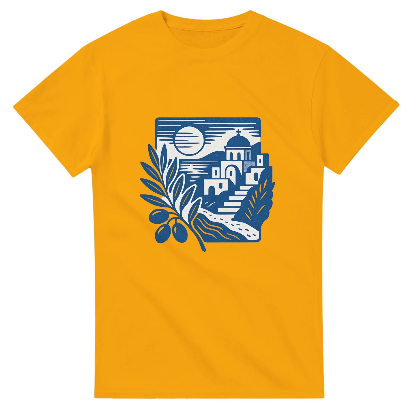 T-shirt med nostalgiskt motiv av grekiskt landskap med olivgrenar och kustvyer. Perfekt för att njuta av skönheten i Grekland.