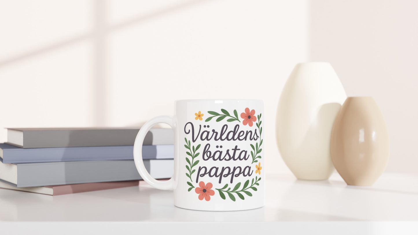 Mugg med texten Världens bästa pappa och blommiga element, perfekt gåva för älskad pappa.