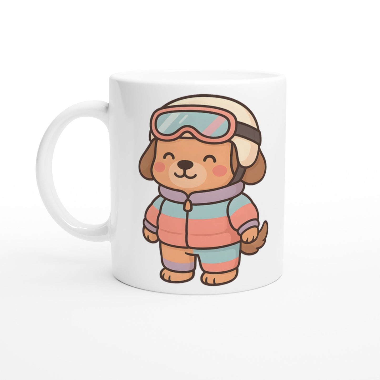 Hoppfull hund i skidkläder på en mugg, perfekt för skidåkare som vill börja dagen med stil.