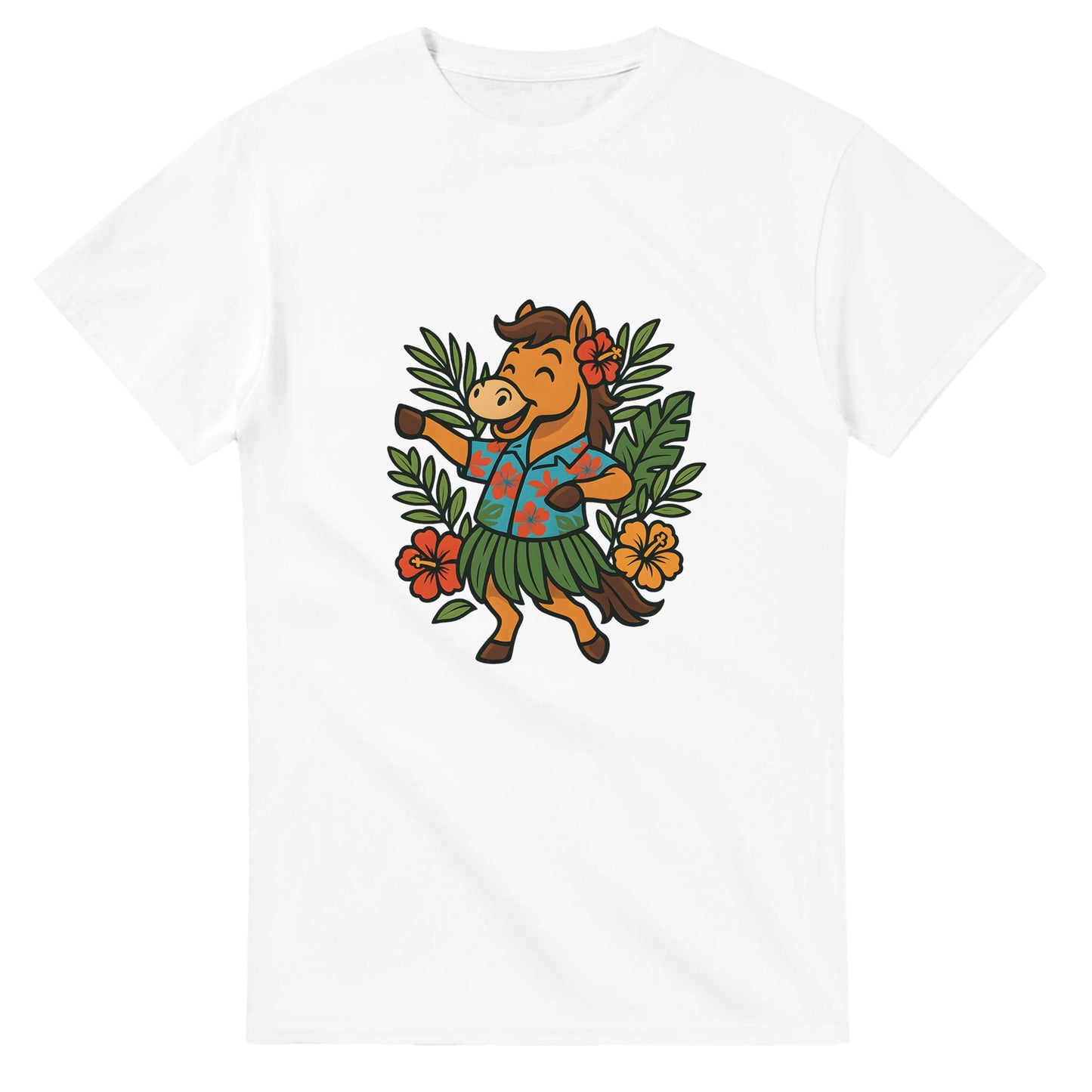 Häst i Hawaii-skjorta och gräs-kjol dansar hula, perfekt för tropikälskaren!