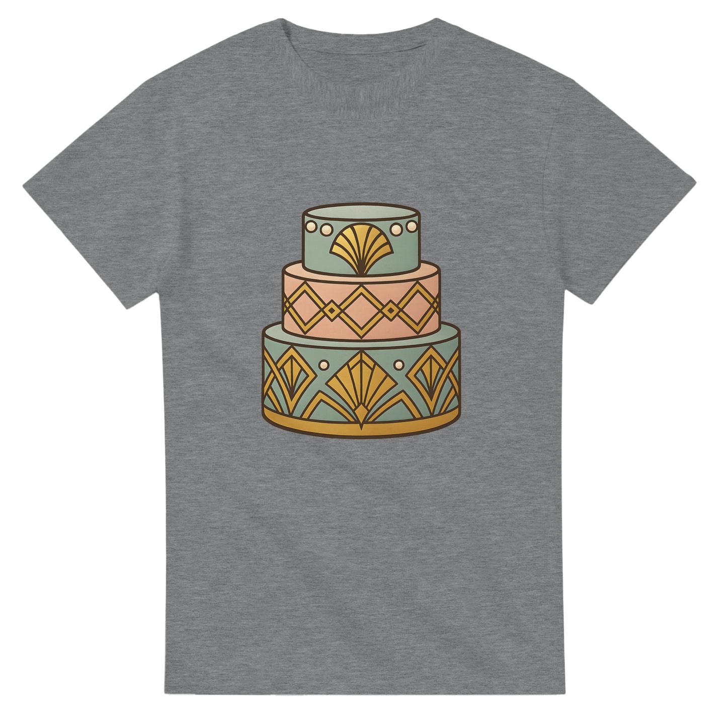 T-shirt med art deco-tårta, geometrisk design, pärlemordetaljer, lyxig känsla.