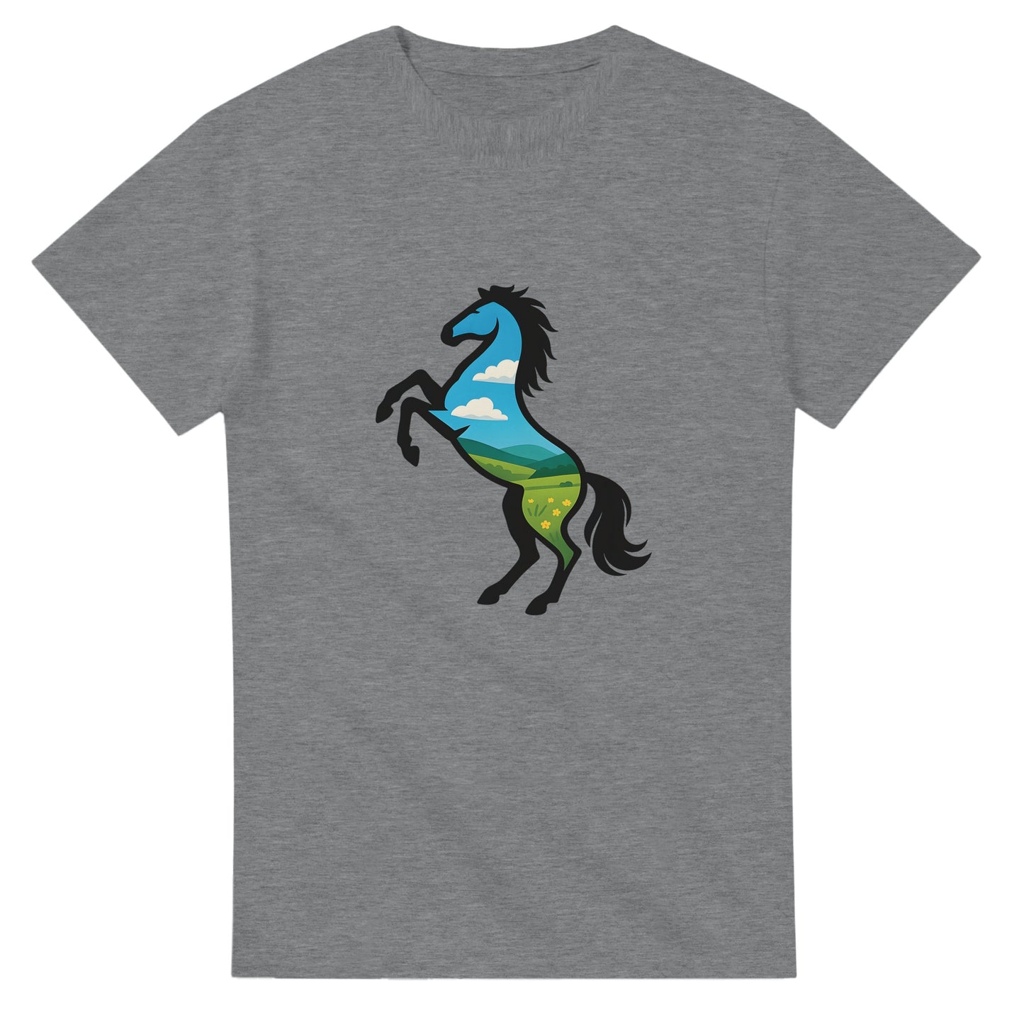T-shirt med stegrande vildhäst och öppna fält, symbol för frihet.