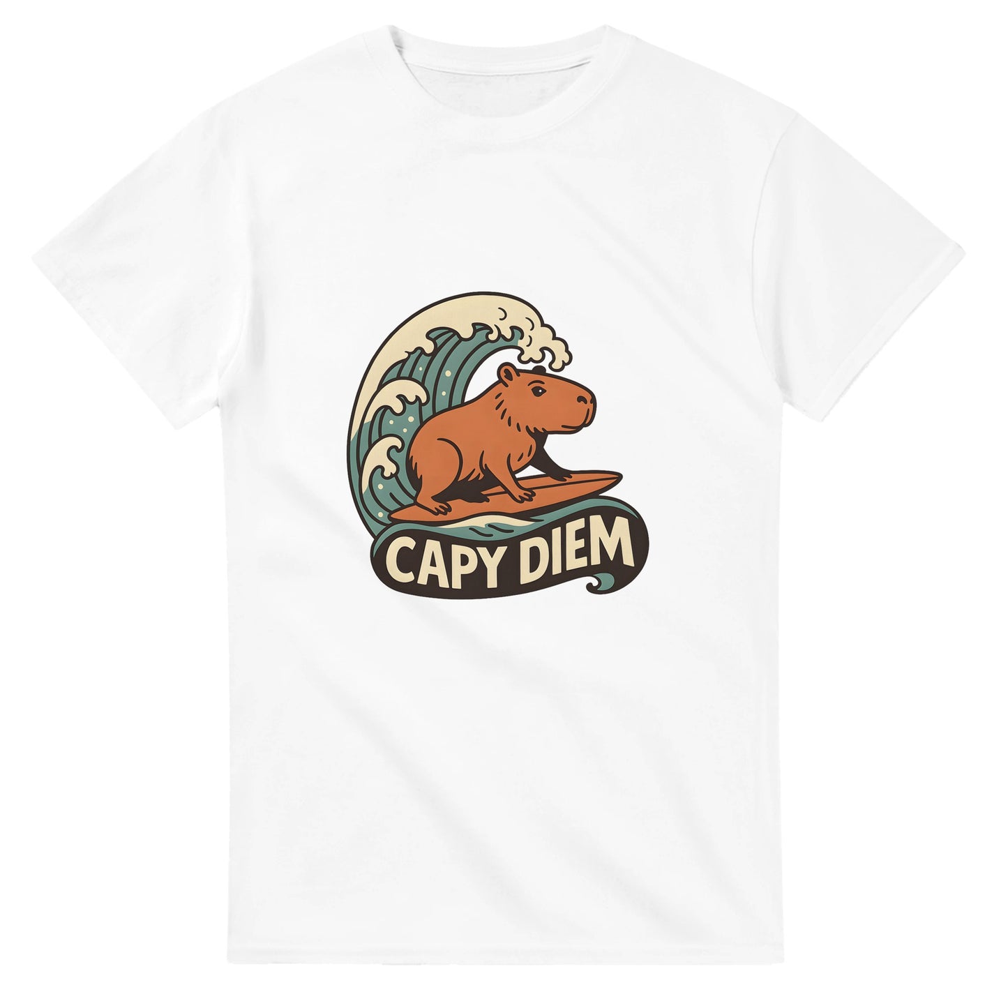Capy Diem - Surfande capybara som symboliserar positivitet och livsglädje på stranden. Perfekt för strandälskare!