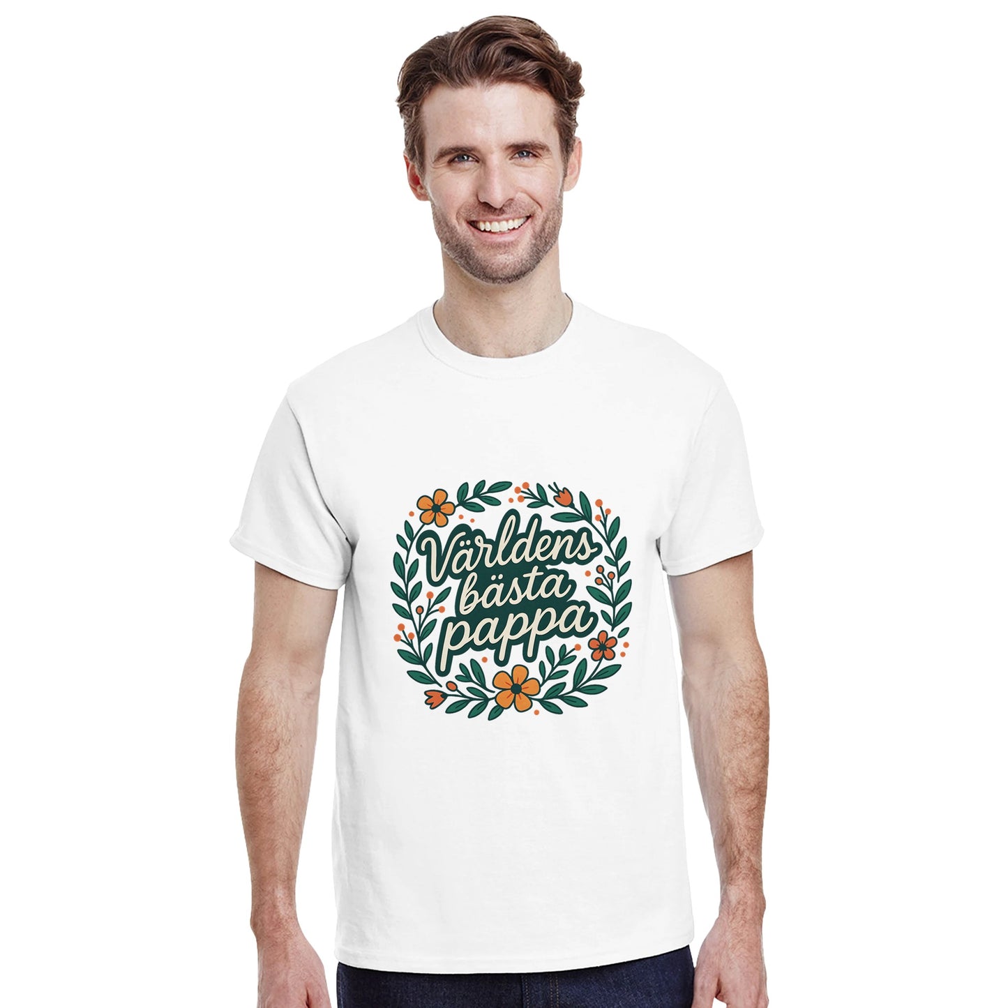 Stilig T-shirt för pappor med blomkrans och texten 'Världens bästa pappa' - perfekt present!