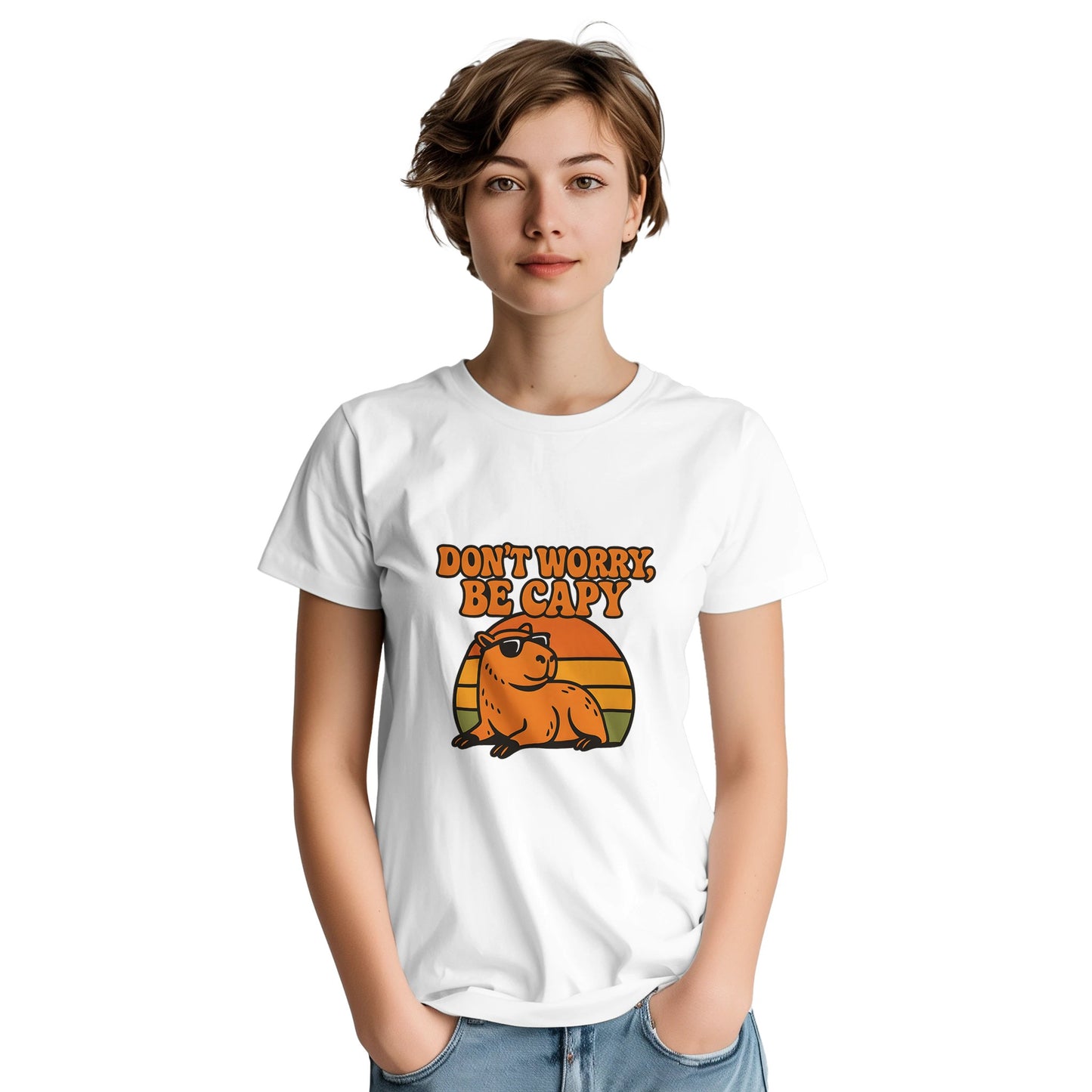Retroinspirerad capybara-motiv med solnedgång. Perfekt för en avslappnad sommarkänsla.