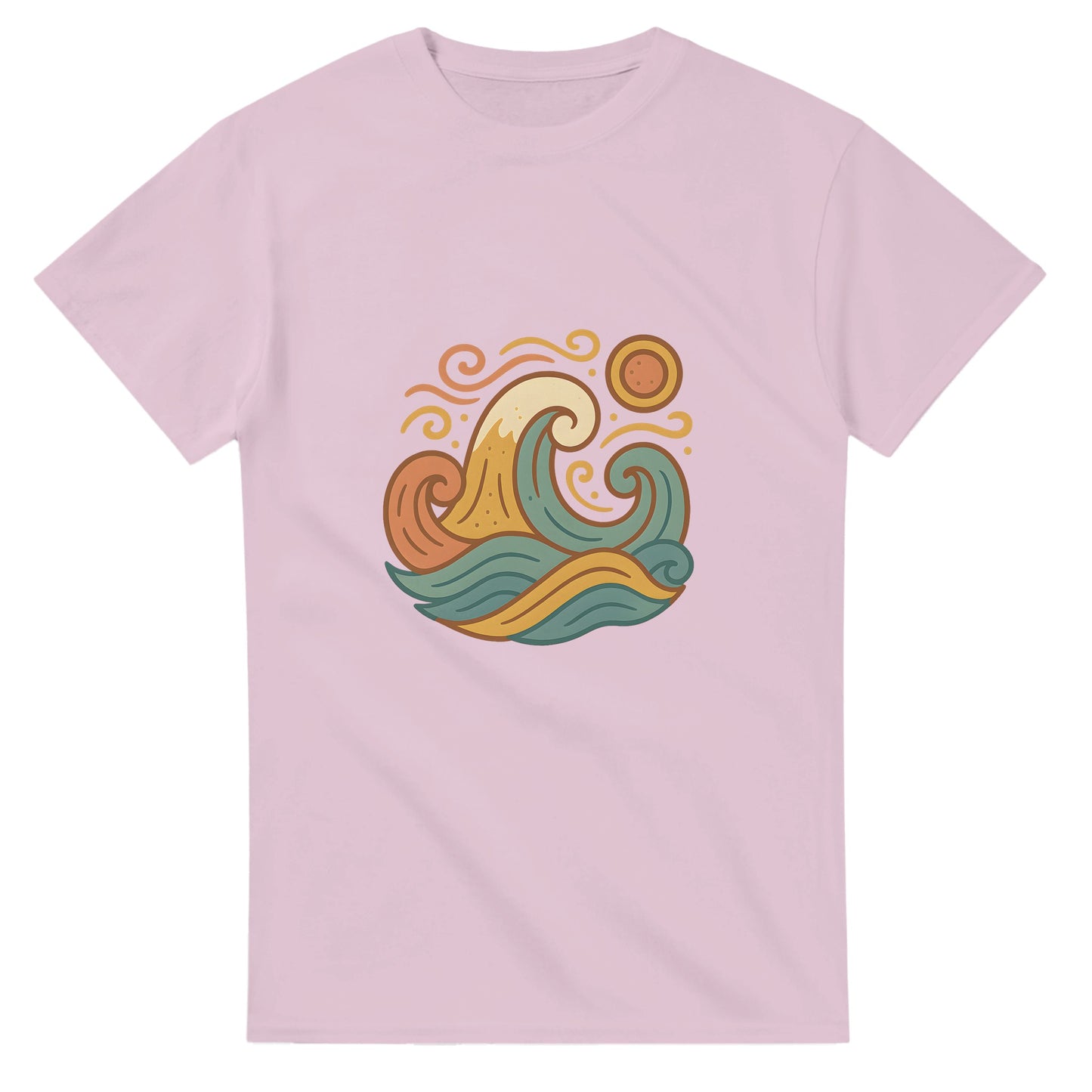T-shirt med spanska vindar, stiliserade vågor och dämpade medelhavsnyanser. Fångar känslan av varma vindar i Spanien.