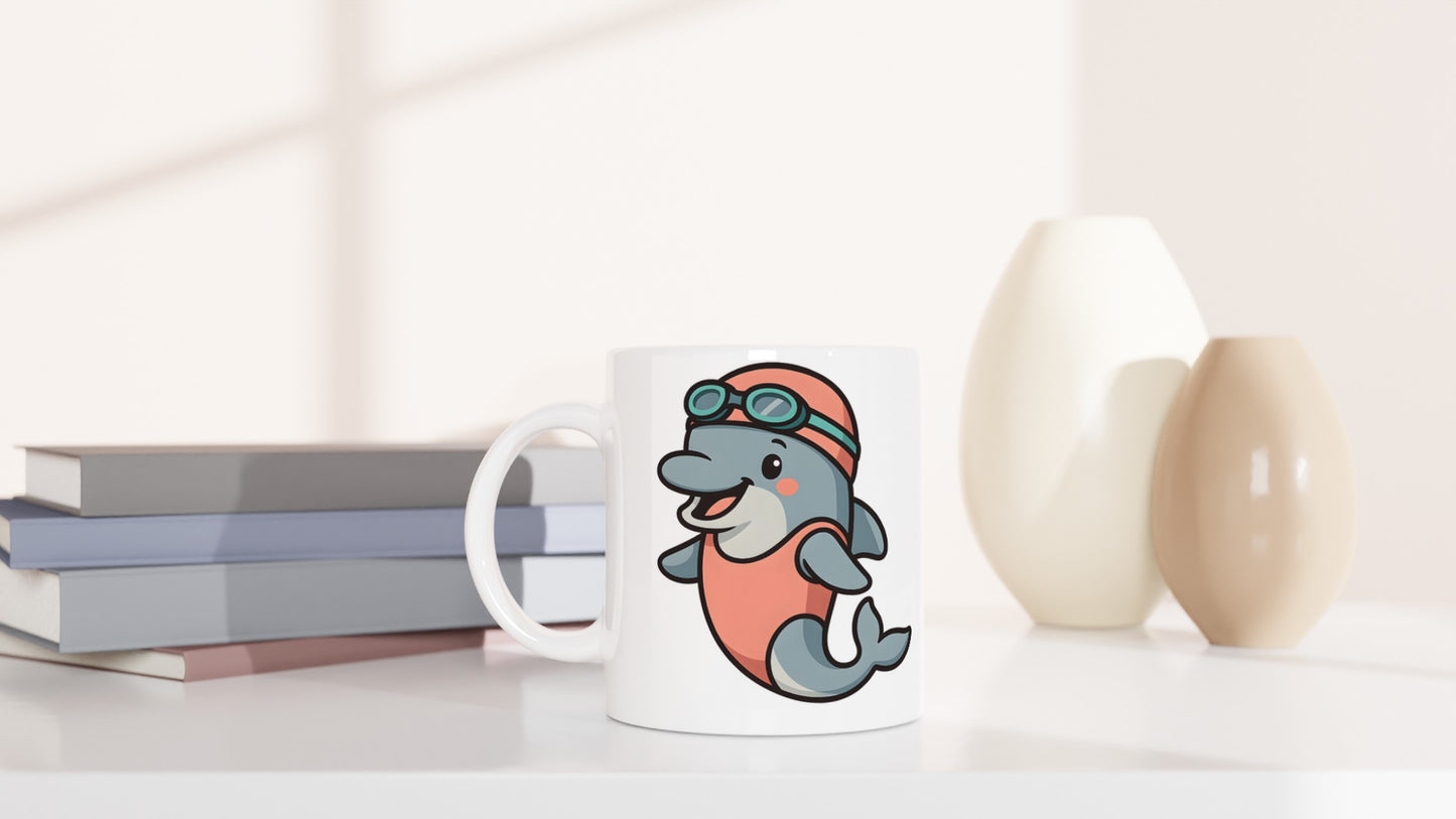 Delfin Dykare Mugg - Perfekt för kaffedrickare som älskar havet! Charmig delfin i baddräkt och badmössa.