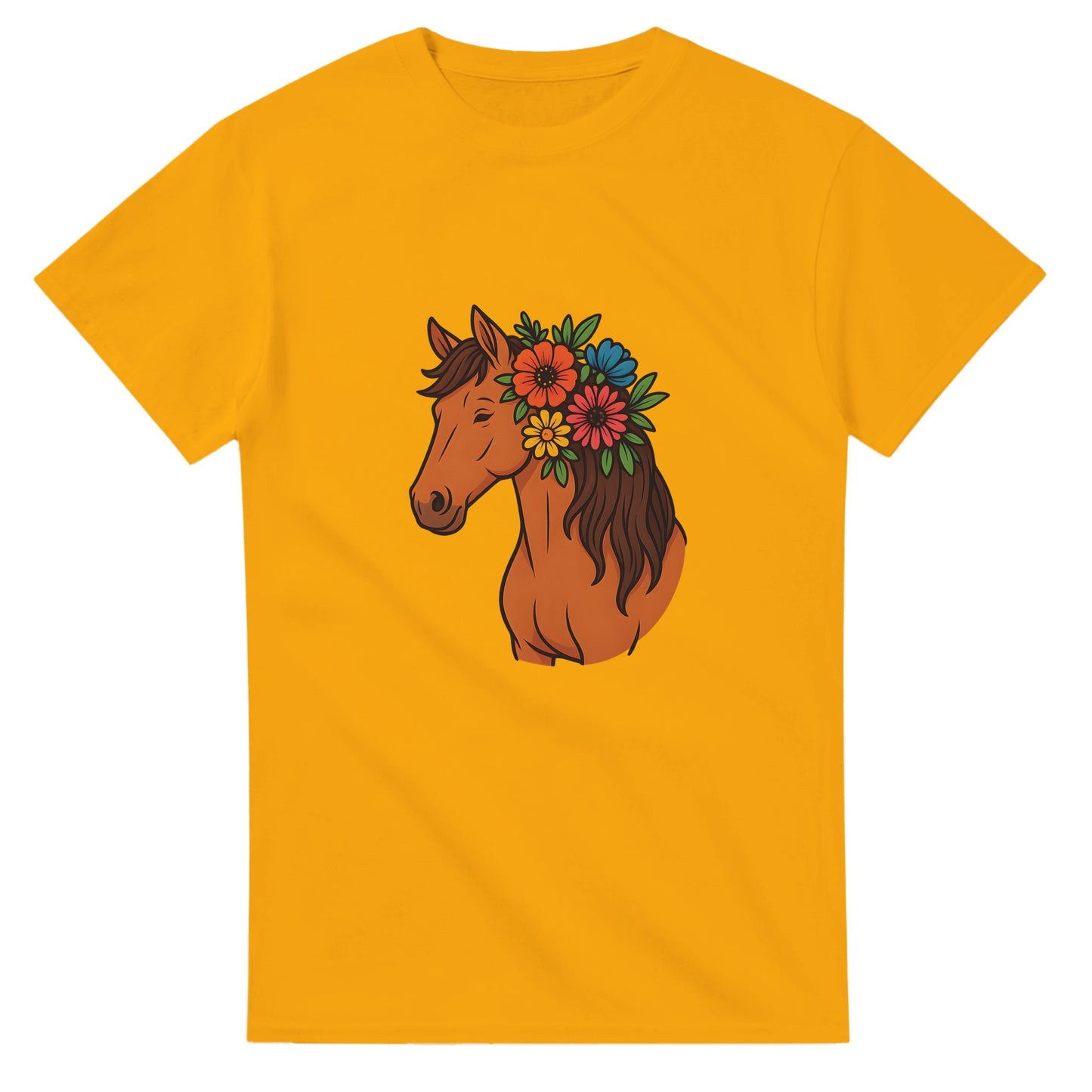 T-shirt med blommig häst i manen, perfekt för naturälskare.