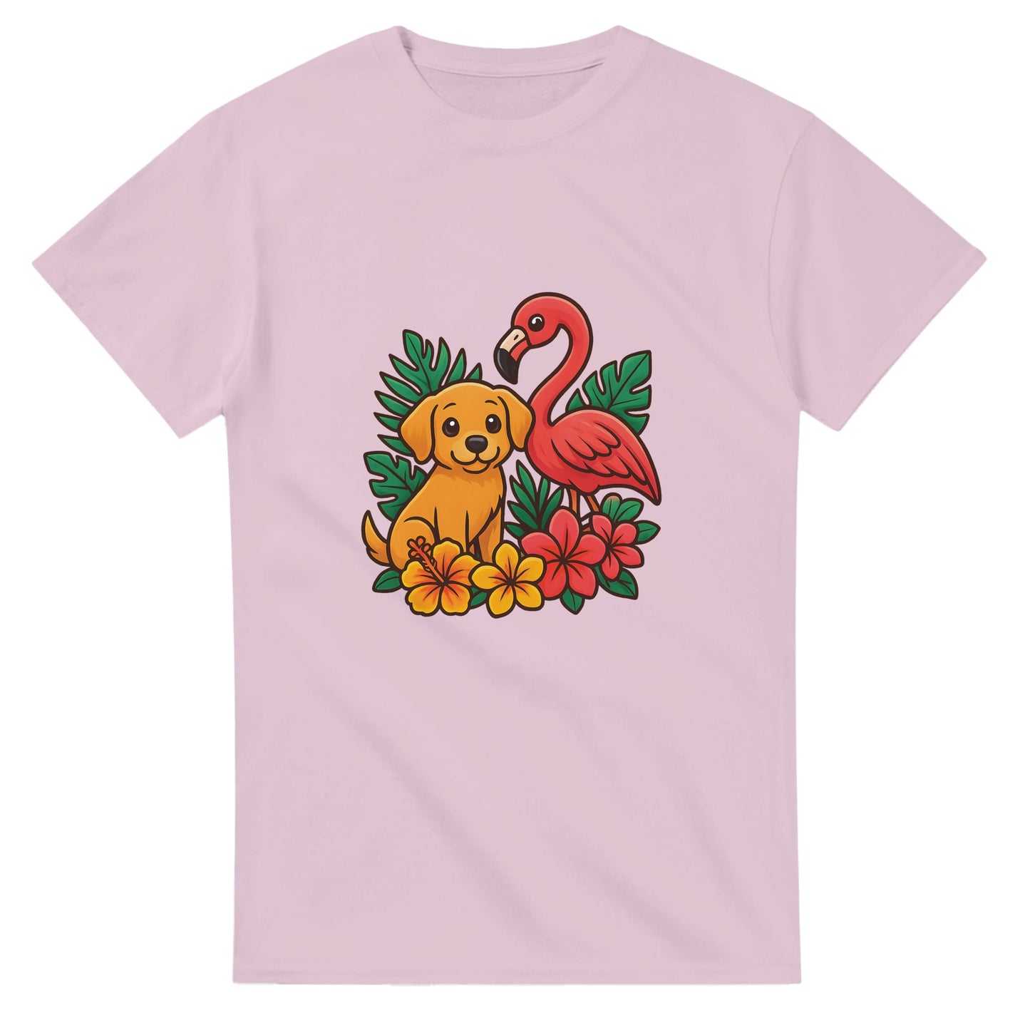 T-shirt med hund och flamingo i tropisk miljö, charmig och trendig design med färgglada blommor.