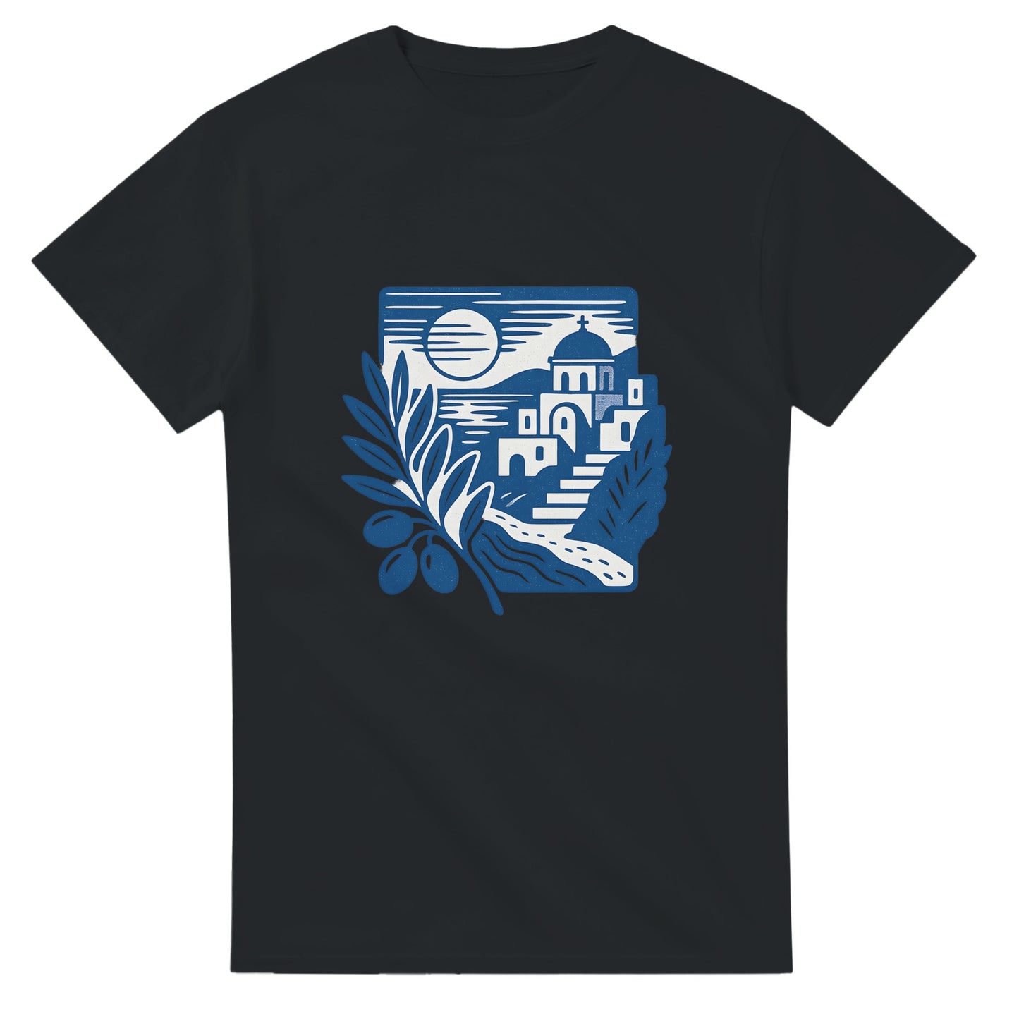 T-shirt med nostalgiskt motiv av grekiskt landskap med olivgrenar och kustvyer. Perfekt för att njuta av skönheten i Grekland.