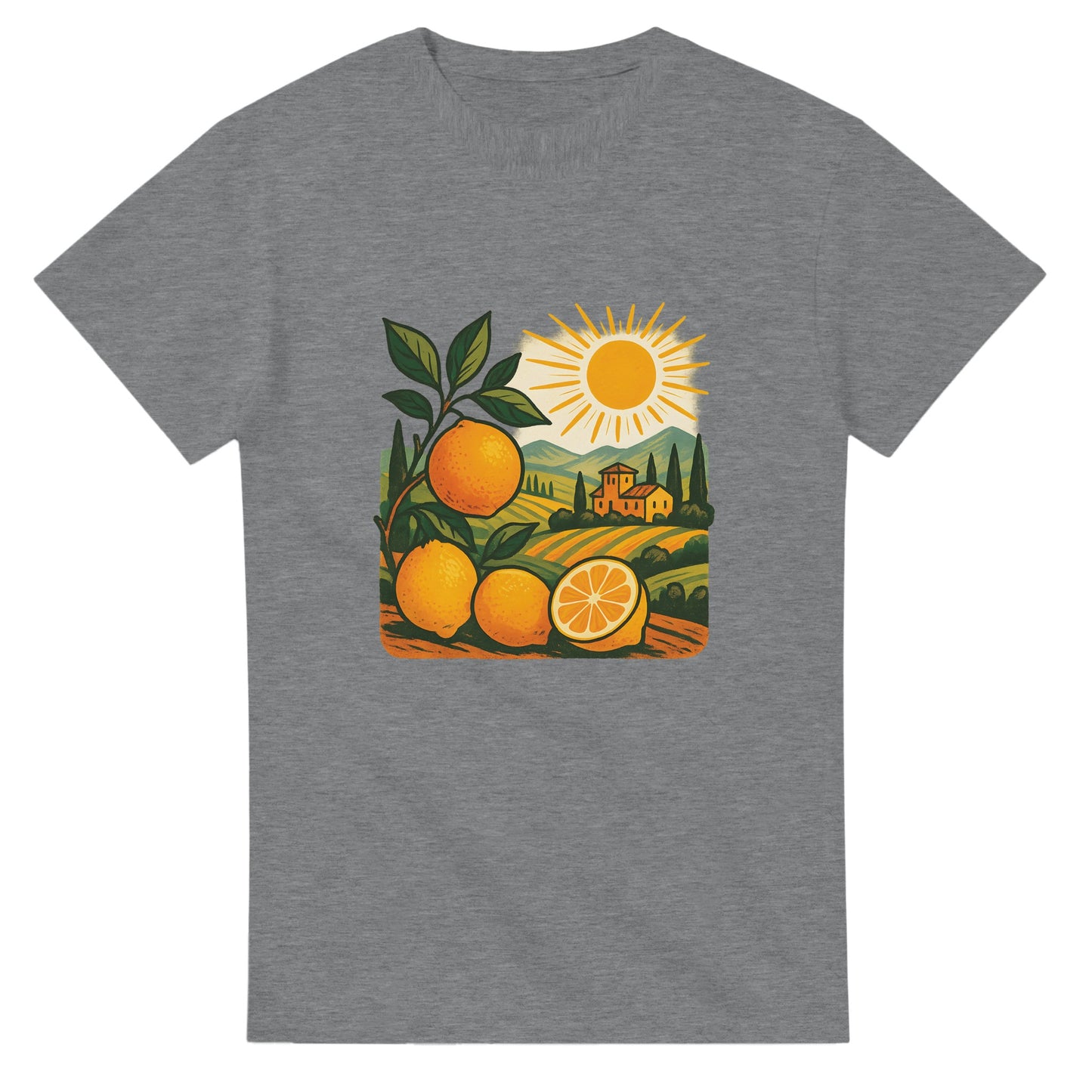 T-shirt med solkust och citrus i vintage stil, perfekt för Italien-fantaster. Toskansk känsla!