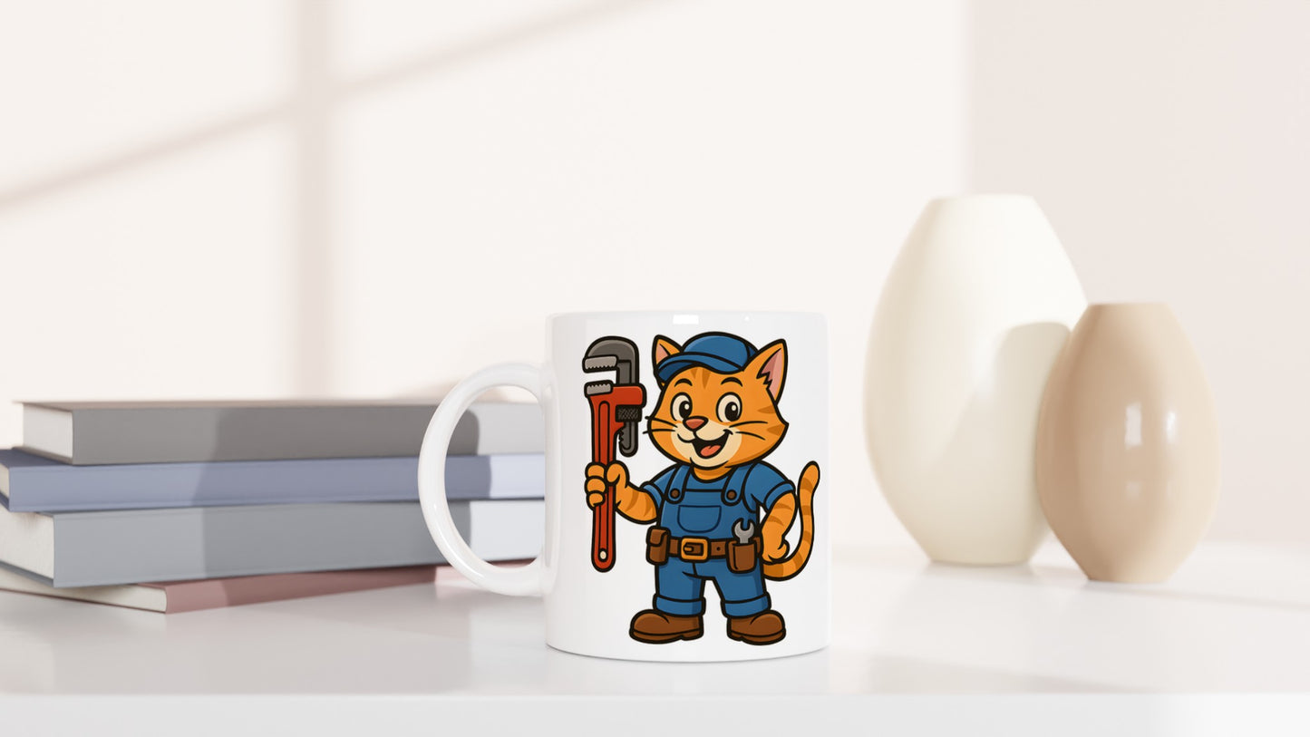 Kattvärldens rörmokare - en humoristisk kaffemugg med en katt som håller i en rörtång.