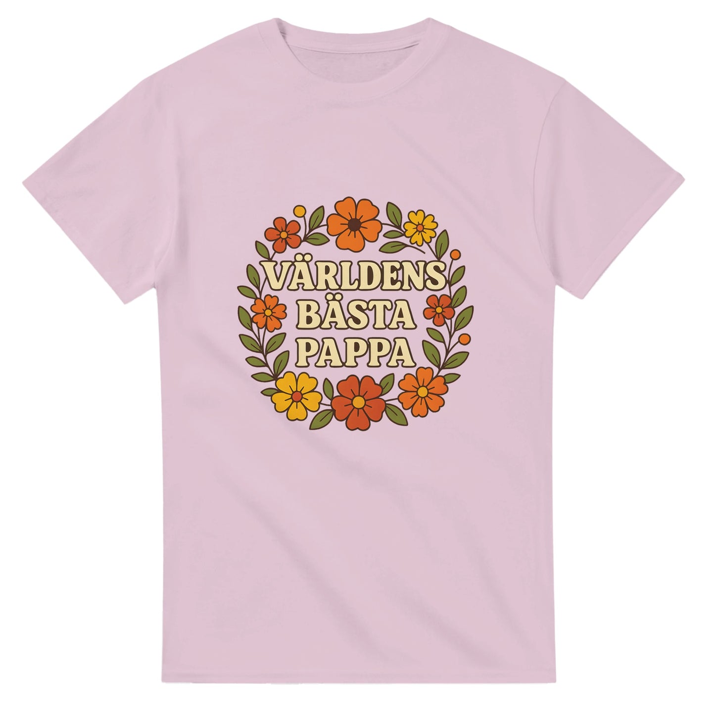 T-shirt med blomstrande mönster och texten 'Världens bästa pappa' i varma toner. En hyllning till pappa i blomstrande stil.