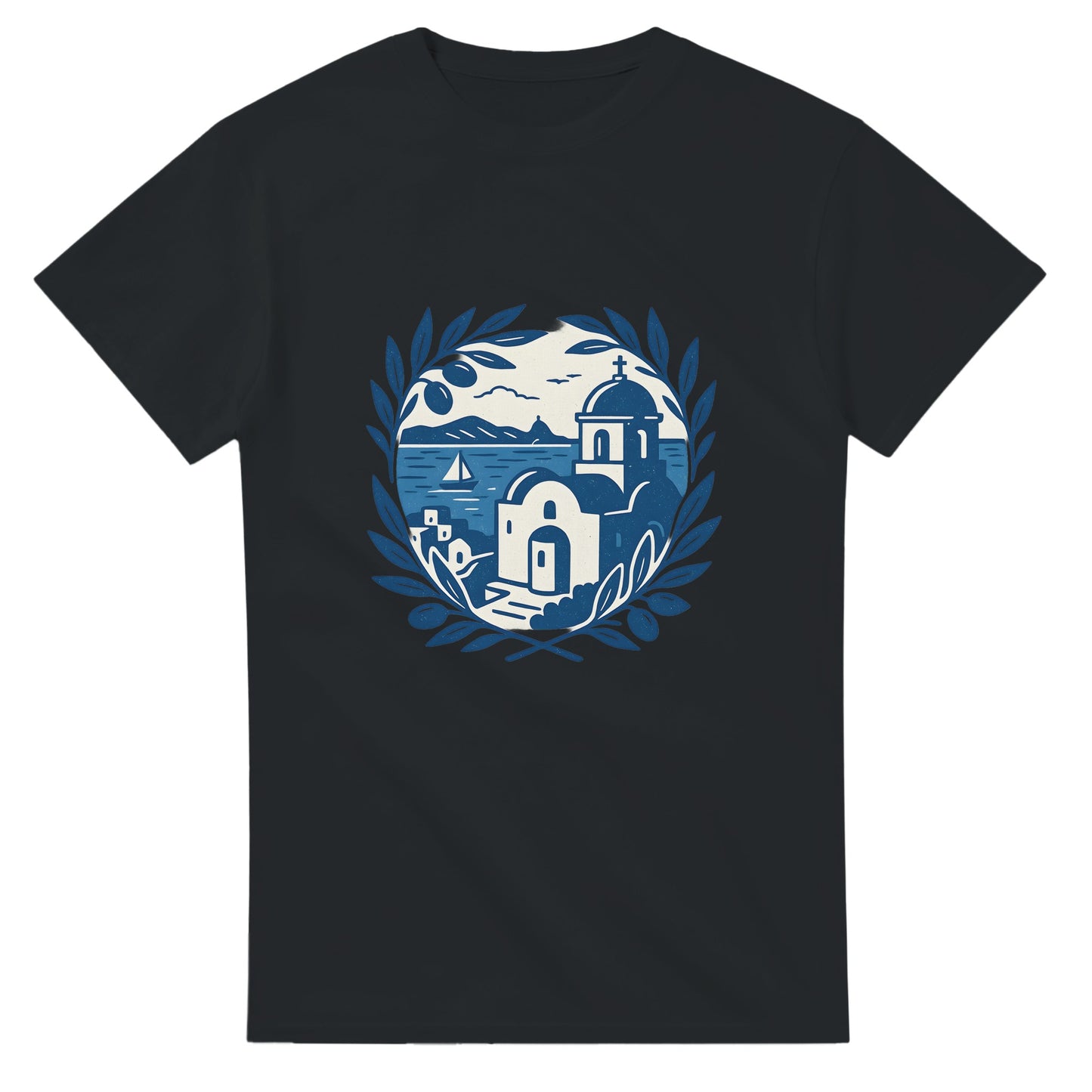 Vintage T-shirt med blåvitt kustlandskap för dig som älskar Greklands charm. Upplev Greklands kust varje dag.