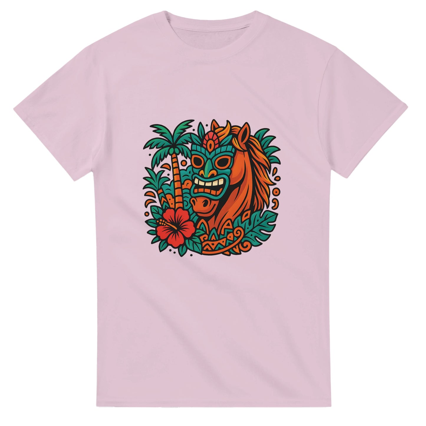 Tropisk häst med tiki-mask och färgglada mönster, en färgsprakande upplevelse!