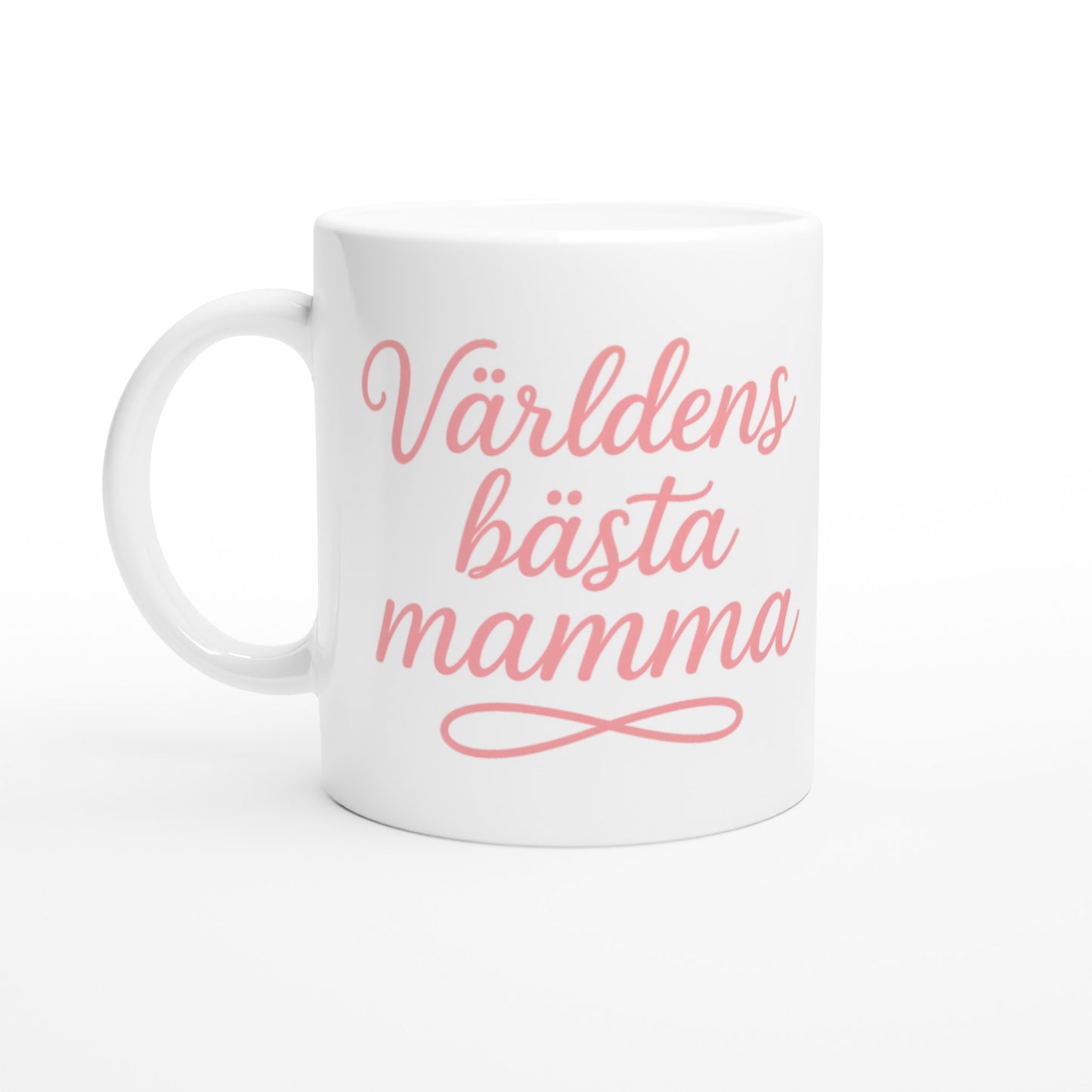 Mugg med texten 'Världens bästa mamma' i elegant handskriven font och varm rosa färg.