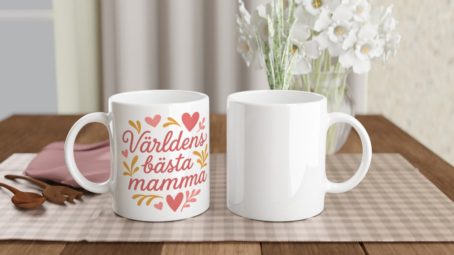 Mugg med texten 'Världens bästa mamma' i romantisk stil, dekorerad med hjärtan och former.