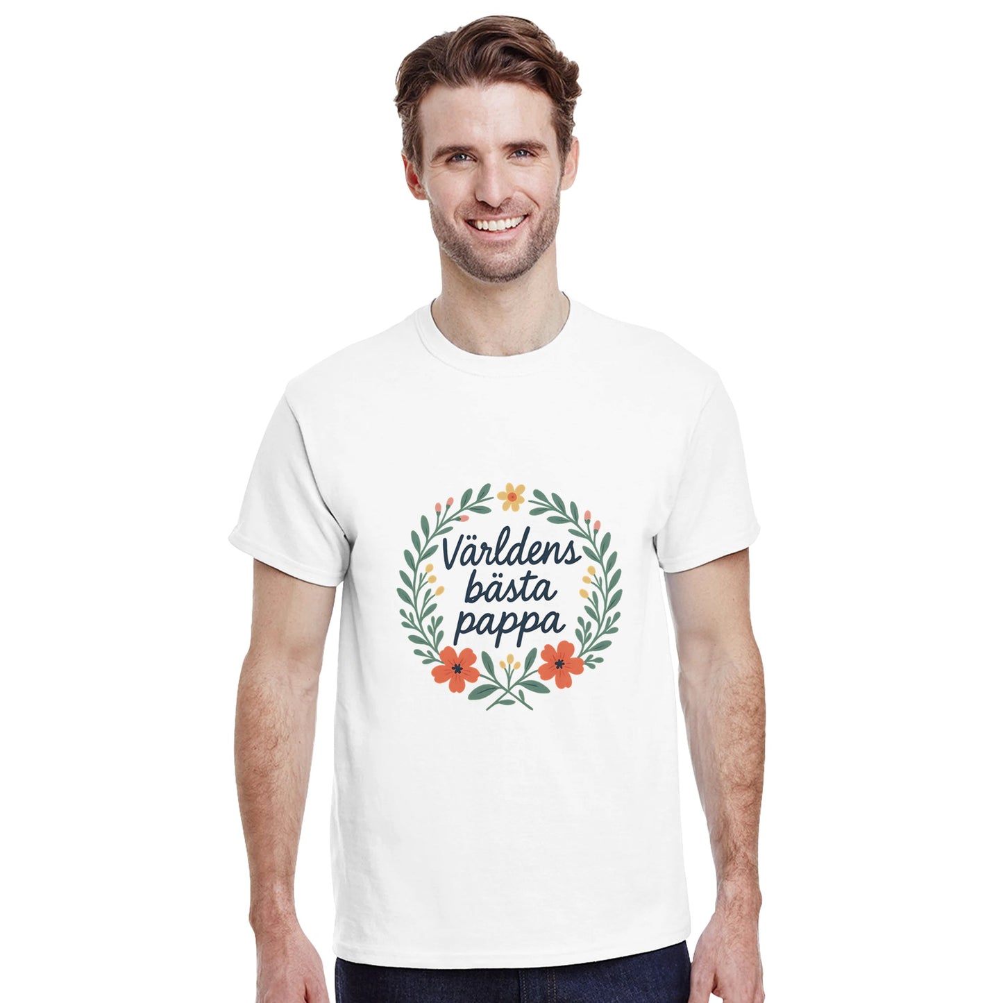 Stilfull T-shirt med handskriven text 'Världens bästa pappa' och blomkrans. Perfekt för den speciella pappan.