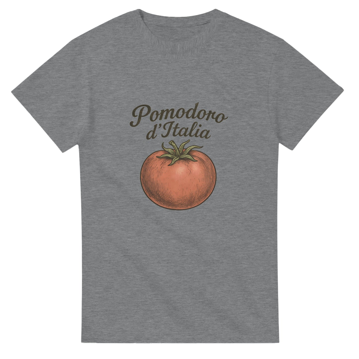 T-shirt med vintage tomatmotiv och texten 'Pomodoro d’Italia' i kurvig italiensk typografi.