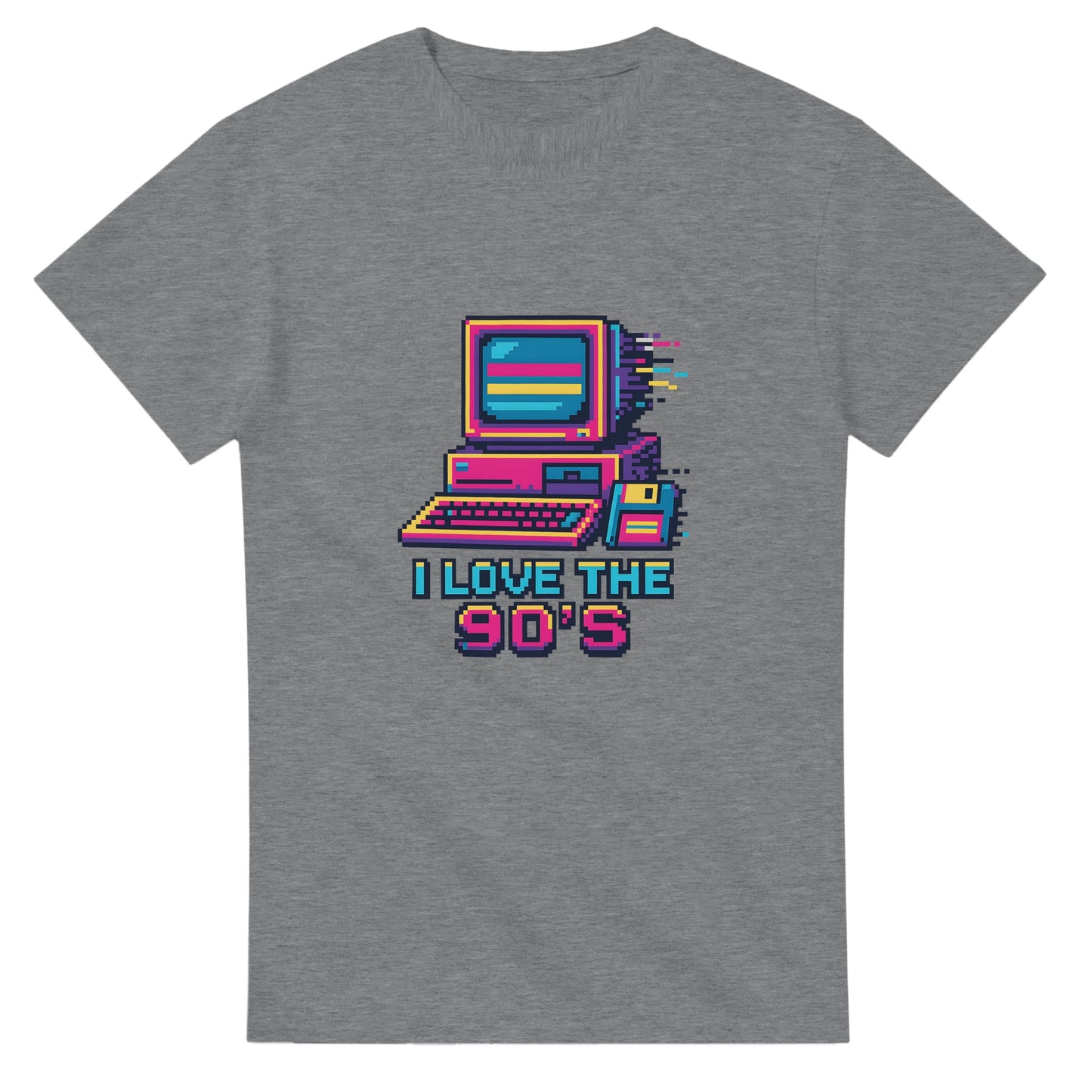 Pixelart-T-shirt med 90-talsvibbar, datorer, disketter och glitch-effekter. Nostalgisk resa tillbaka i tiden.