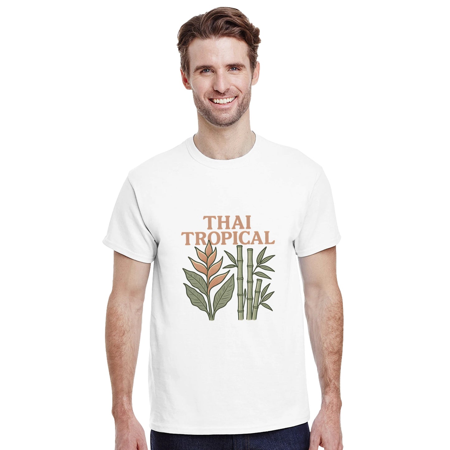 Vintage t-shirt med tropiska växter från Thailand, perfekt för att ta med sig på resan.