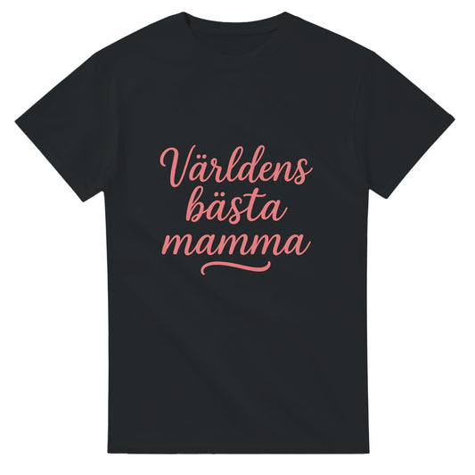 T-shirt med texten 'Världens bästa mamma' i svungen handskrift och varm rosa färg. Perfekt present till den bästa mamman!