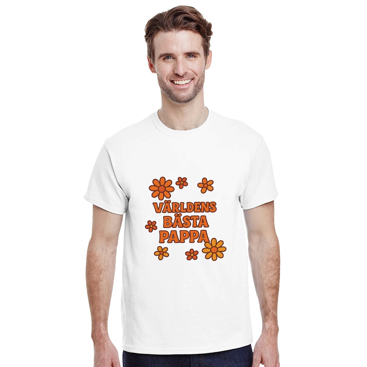 T-shirt med 'Världens bästa pappa' och dekorativa blommor i varma färger.