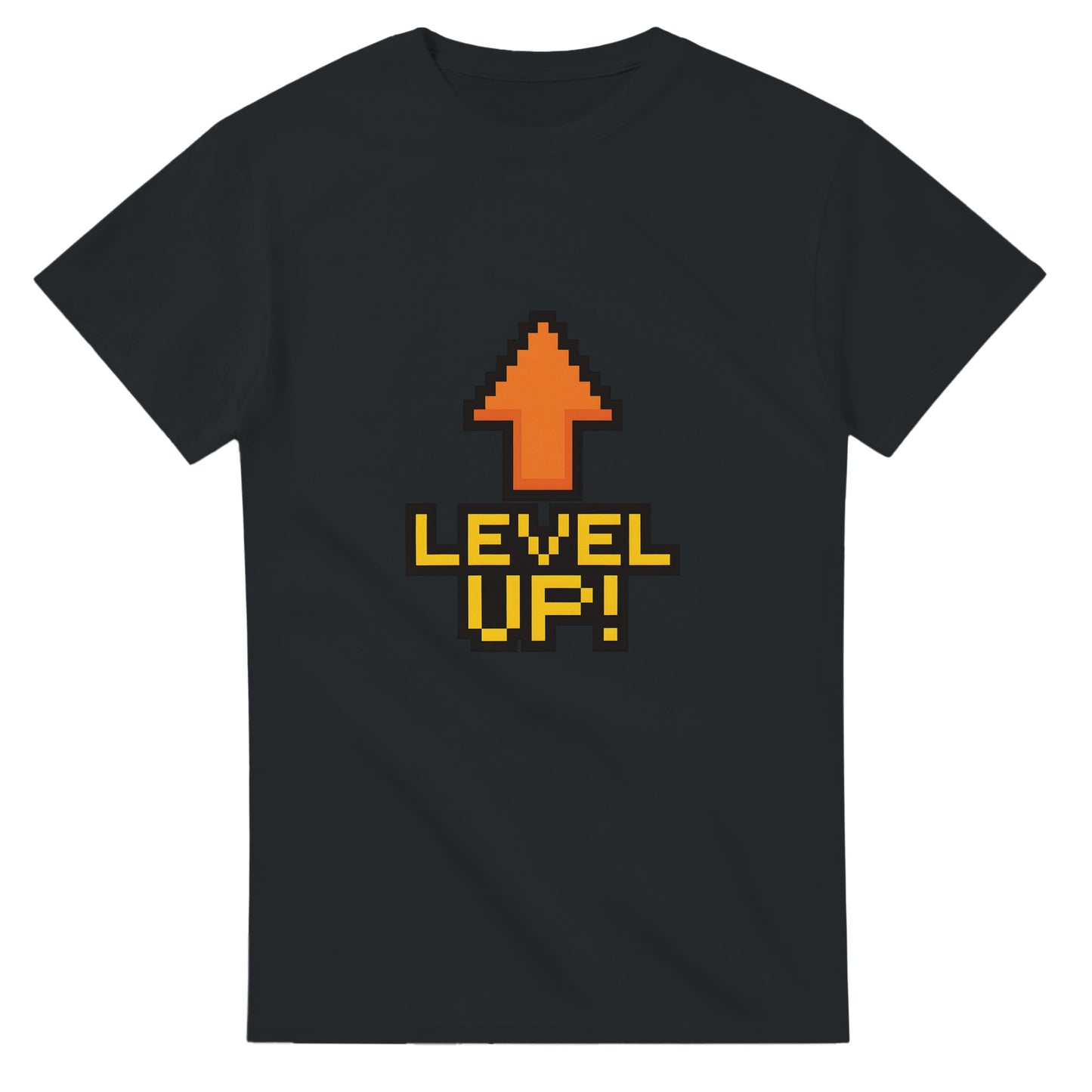 T-shirt med pixelart-motiv av stigande pil och texten 'Level Up!', inspirerad av retro tv-spel.